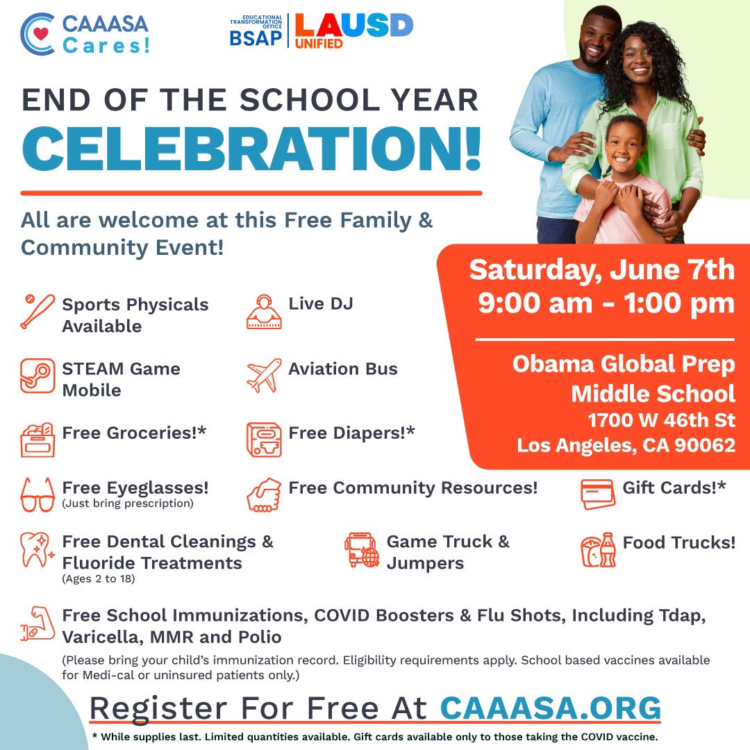 theCAAASA's tweet image. 🎉 End of School Year Celebration!
🗓 Sat, June 7 | ⏰ 9AM–1PM 📍 Obama Global Prep MS, LA
✅ Sports Physicals, 💉 Vaccines, 🎮 Games, 🍎 Free groceries/diapers, 👓 Eyeglasses, 🎧 DJ &amp;amp; more!
🎁 Gift cards + food trucks! ➡️ Register FREE: CAAASA.ORG #CAAASACares