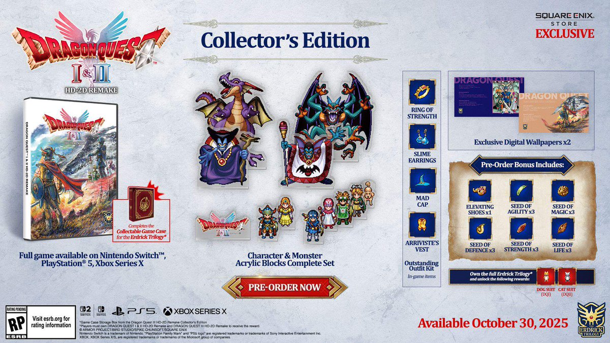 Dragon Quest I &amp; II HD-2D Remake launches October 30, 2025 for Nintendo Switch, Switch 2, PS5, Xbox Series X|S and PC via Steam and Microsoft Store on Windows. Here's how to preorder: sqex.link/s5kf