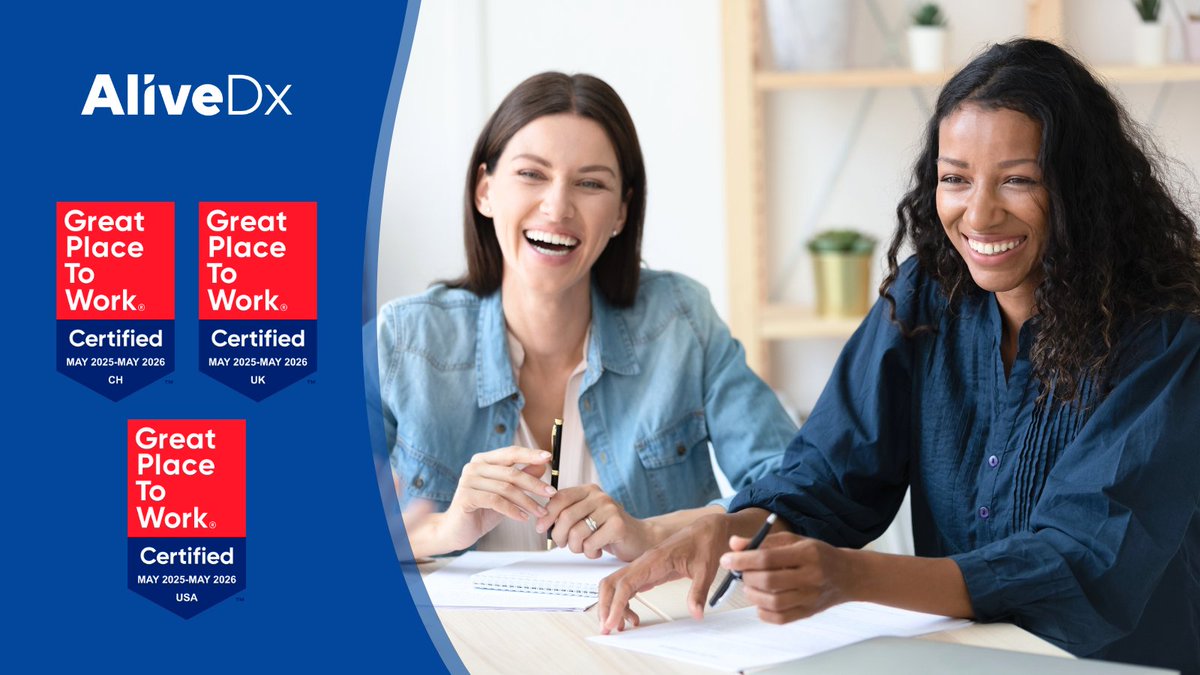 🎉 We’re proud to announce: AliveDx is Great Place to Work® Certified™ in CH,UK &amp; US
This honor is based entirely on employee feedback—and we couldn’t be more grateful. 💬 “It reflects the culture we’re building together.” – CEO Manuel O. Méndez
#GreatPlaceToWork #AliveDx