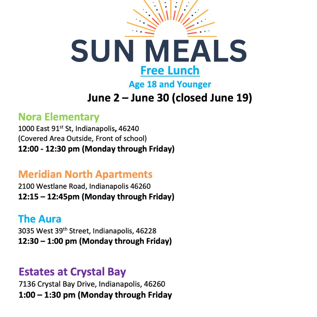 In an effort to keep students fed and healthy this summer, students can receive free meals at these locations!
Nora Elem: Mon.-Fri., 12-12:30 pm
Meridian North Apartments: Mon.-Fri., 12:15-12:45 pm
The Aura: Mon.-Fri., 12:30-1:00 pm
Estates at Crystal Bay: Mon.-Fri., 1-1:30 pm