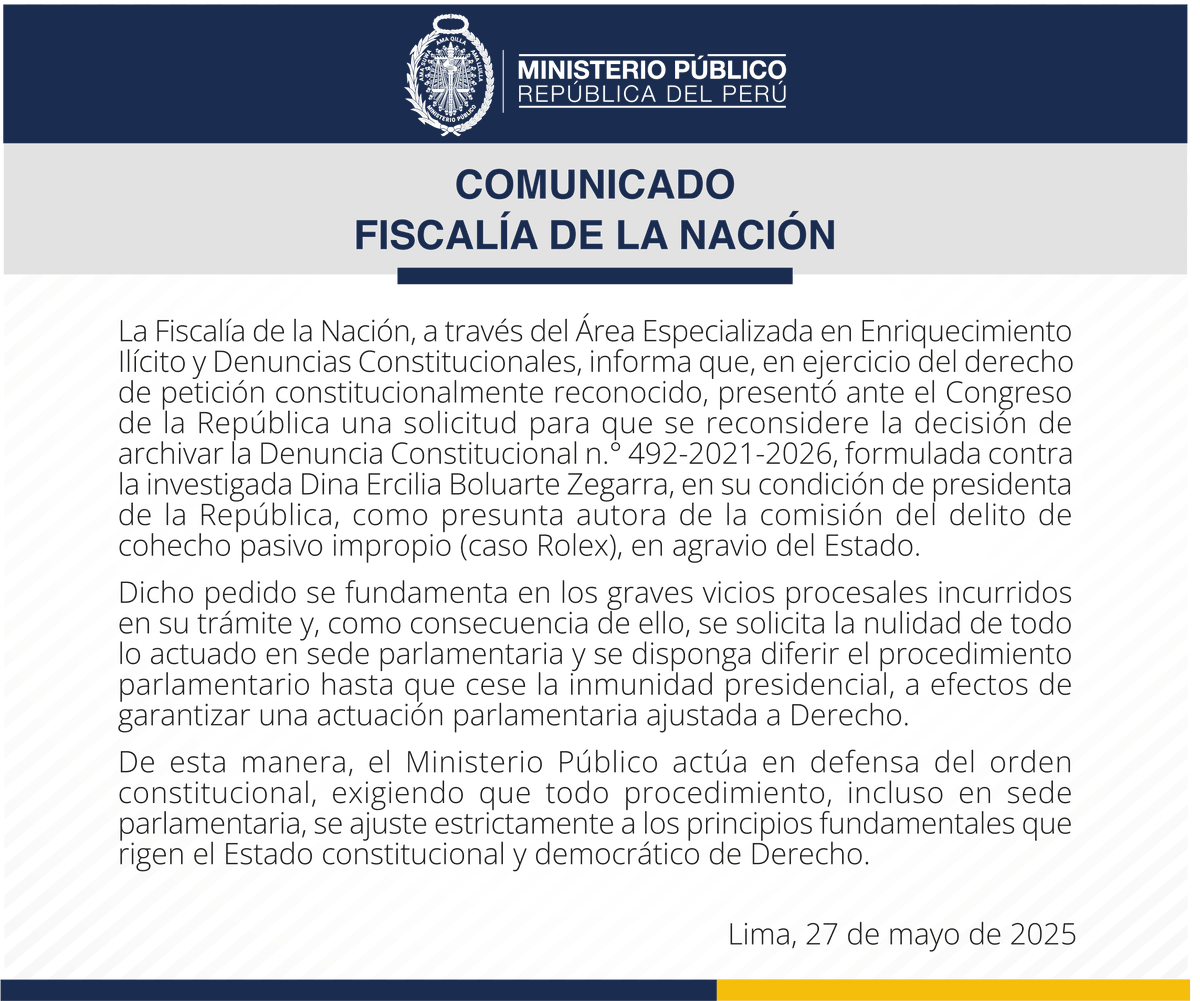 🚨 #Comunicado | Fiscalía de la Nación, a través del Área Especializada en Enriquecimiento Ilícito y Denuncias Constitucionales, presentó ante el Congreso de la República la solicitud de petición para que se reconsidere la decisión de archivar la denuncia constitucional contra la