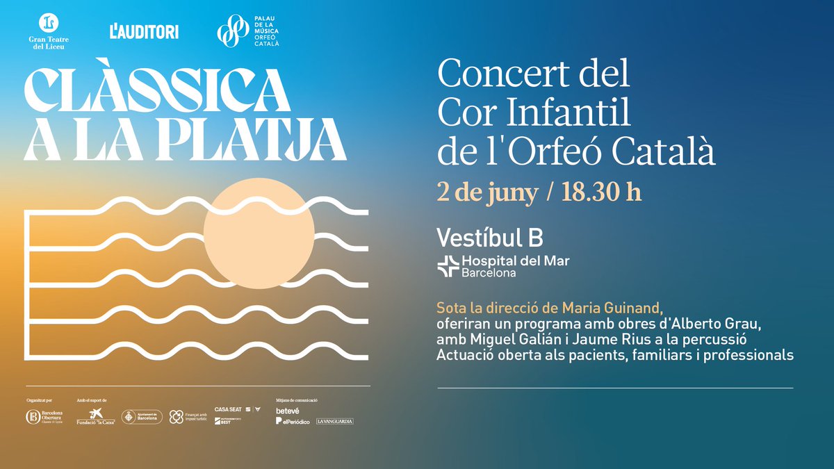 Hospital del Mar (@hospitaldelmar) on Twitter photo Torna el cicle #ClàssicaPlatja a l'<a href="/hospitaldelmar/">Hospital del Mar</a> 🎶
Concert del Cor Infantil de l'<a href="/Orfeo_Catala/">Orfeó Català</a>
📅 2 de juny
⏰ 18.30 h
📌 Vestíbul B
Actuació oberta!
<a href="/Liceu_cat/">Gran Teatre del Liceu</a> <a href="/auditoribcn/">L'Auditori</a> <a href="/BObertura/">Barcelona Obertura</a> <a href="/FundlaCaixa/">Fundación ”la Caixa”</a> <a href="/bcn_ajuntament/">Ajuntament de Barcelona</a> <a href="/CUPRA_esp/">CUPRA España</a> Torna el cicle #ClàssicaPlatja a l'<a href="/hospitaldelmar/">Hospital del Mar</a> 🎶
Concert del Cor Infantil de l'<a href="/Orfeo_Catala/">Orfeó Català</a>
📅 2 de juny
⏰ 18.30 h
📌 Vestíbul B
Actuació oberta!
<a href="/Liceu_cat/">Gran Teatre del Liceu</a> <a href="/auditoribcn/">L'Auditori</a> <a href="/BObertura/">Barcelona Obertura</a> <a href="/FundlaCaixa/">Fundación ”la Caixa”</a> <a href="/bcn_ajuntament/">Ajuntament de Barcelona</a> <a href="/CUPRA_esp/">CUPRA España</a>