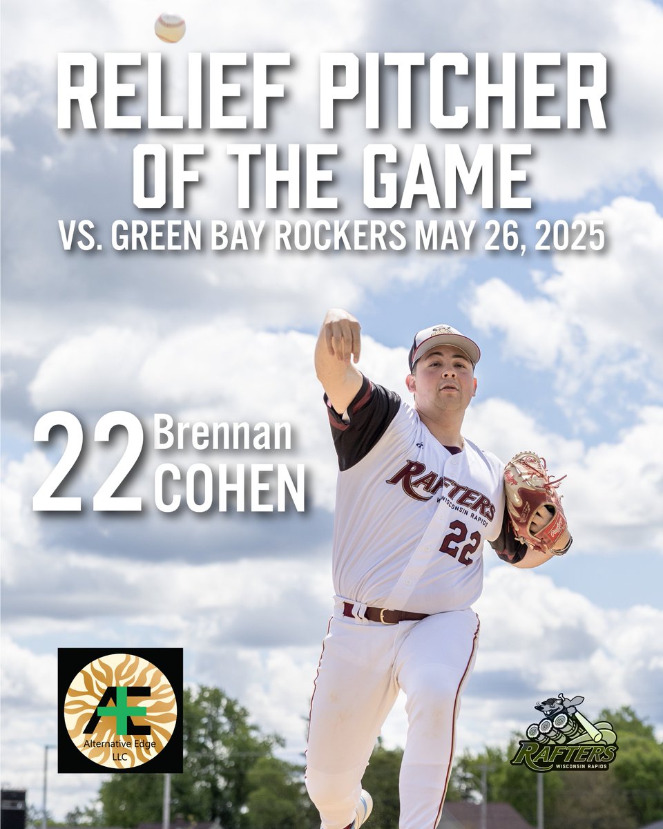 RapidsRafters's tweet photo. Brennan Cohen is last night's Relief Pitcher of the Game, presented by Alternative Edge! 

Only 1 hit and 1 earned run through 4 innings of work. https://t.co/m1AxRvtohZ