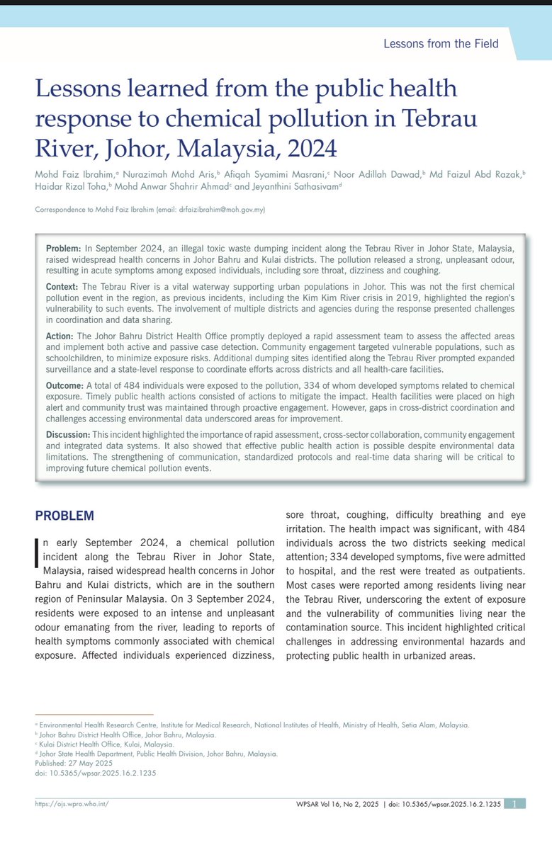 drfaizibrahim's tweet photo. Our latest WPSAR article shares key lessons from the 2024 Tebrau River chemical spill in Johor. Despite limited access to pollutant &amp; biomarker data, public health teams acted fast to protect communities.
Real-world challenges. Field-tested response.
🔗 https://t.co/9uFkTMEioa https://t.co/nDQROT2yvm