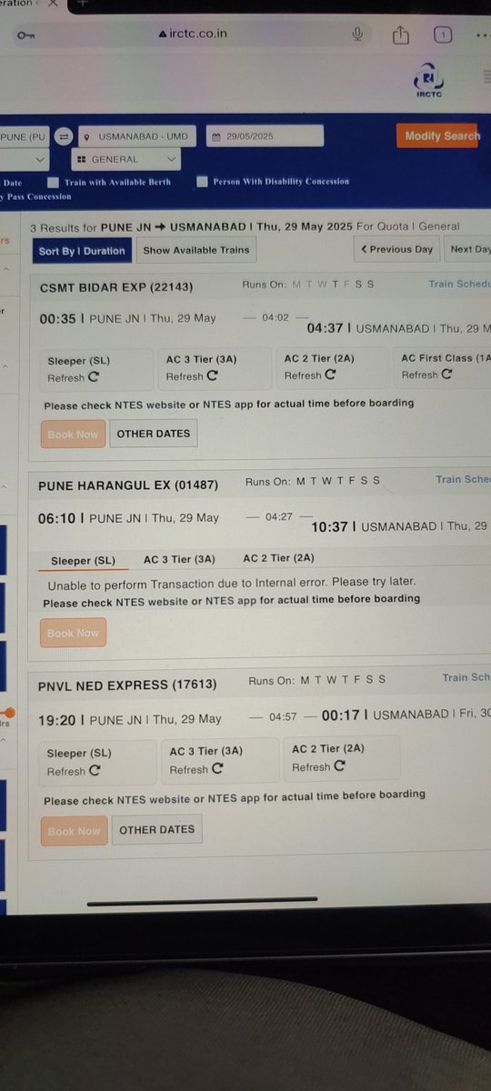 indrastic's tweet photo. @IRCTCofficial Take a look at Pune Harangul Ex.. Not ablr to book.. Either problem logging or not able to fetch details https://t.co/alvGmJEzY4