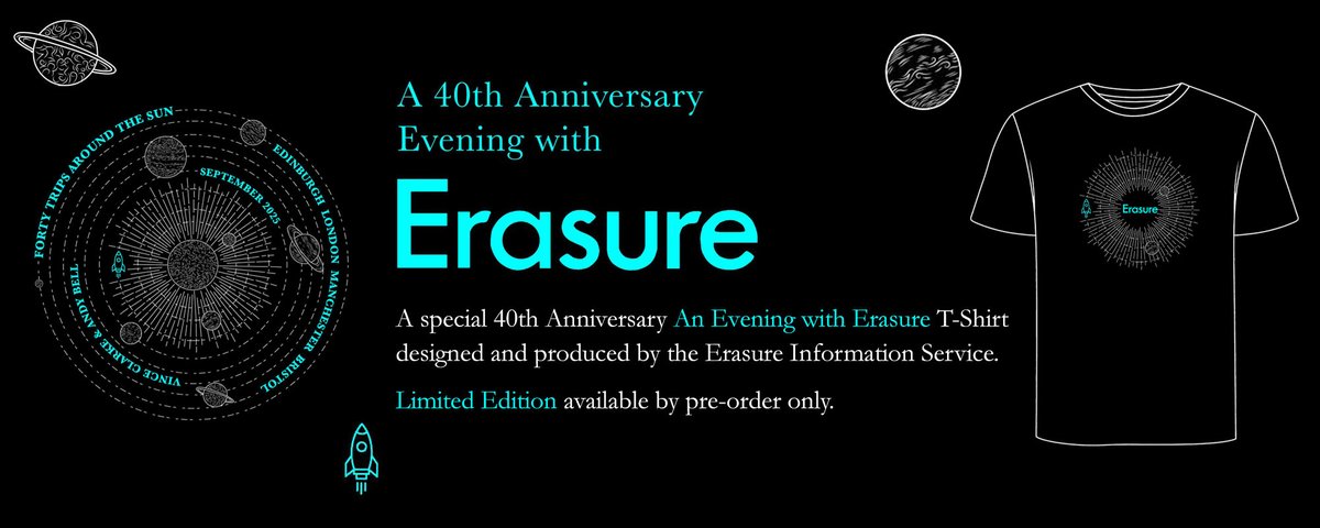 • Erasure EIS - A 40th Anniversary Evening With Erasure Tour T-Shirt - Pre-Order

September 2025 sees four very special and intimate shows featuring Erasure's Andy Bell and Vince Clarke. Presenting an evening of conversation and music, the four venues are in London, Edinburgh,