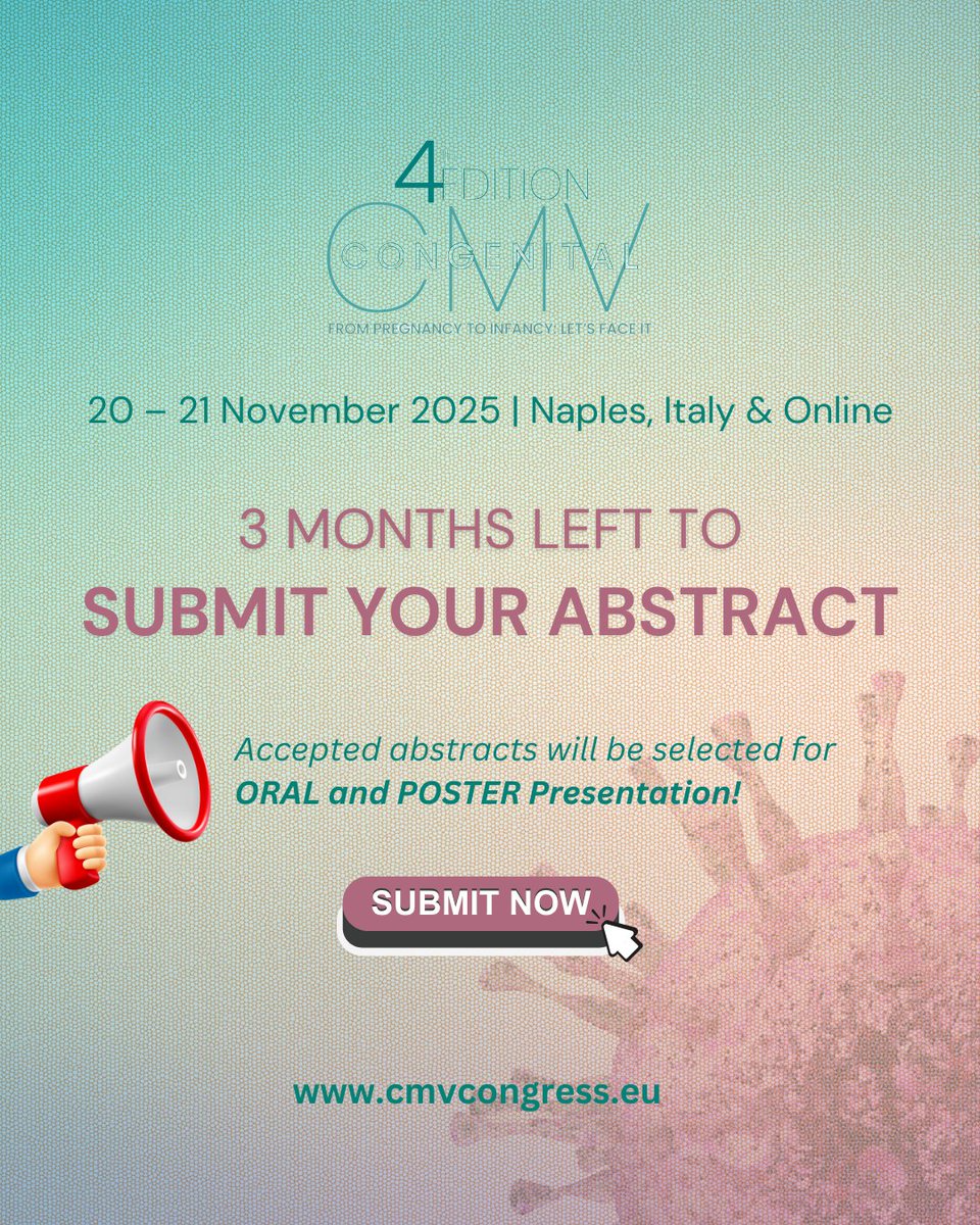 CMV_Congress's tweet image. 3 months left to submit your abstract on congenital CMV and fetal infections!
Join global experts and present your research.
📝 Submit here 👉 bit.ly/CMV-ABSTRACT
💻 Online participation available ✅ bit.ly/CMV-REGISTER
#CongenitalCytomegalovirus #PediatricCare