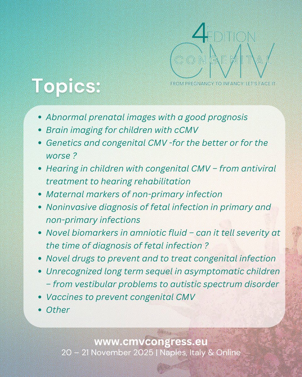 CMV_Congress's tweet image. 3 months left to submit your abstract on congenital CMV and fetal infections!
Join global experts and present your research.
📝 Submit here 👉 bit.ly/CMV-ABSTRACT
💻 Online participation available ✅ bit.ly/CMV-REGISTER
#CongenitalCytomegalovirus #PediatricCare