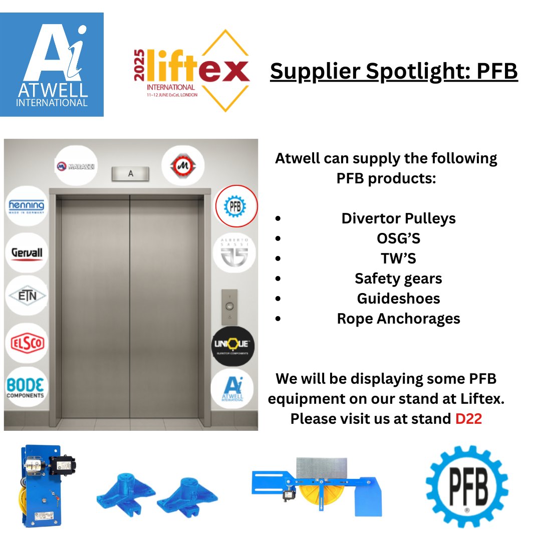 SUPPLIER SPOTLIGHT: PFB Lift Components. Visit us at LIFTEX 2025 - UK's leading event for the lift, escalator &amp; access industry where you’ll get the opportunity to view some PFB equipment.
#PFB #AtwellInternational #Liftex2025