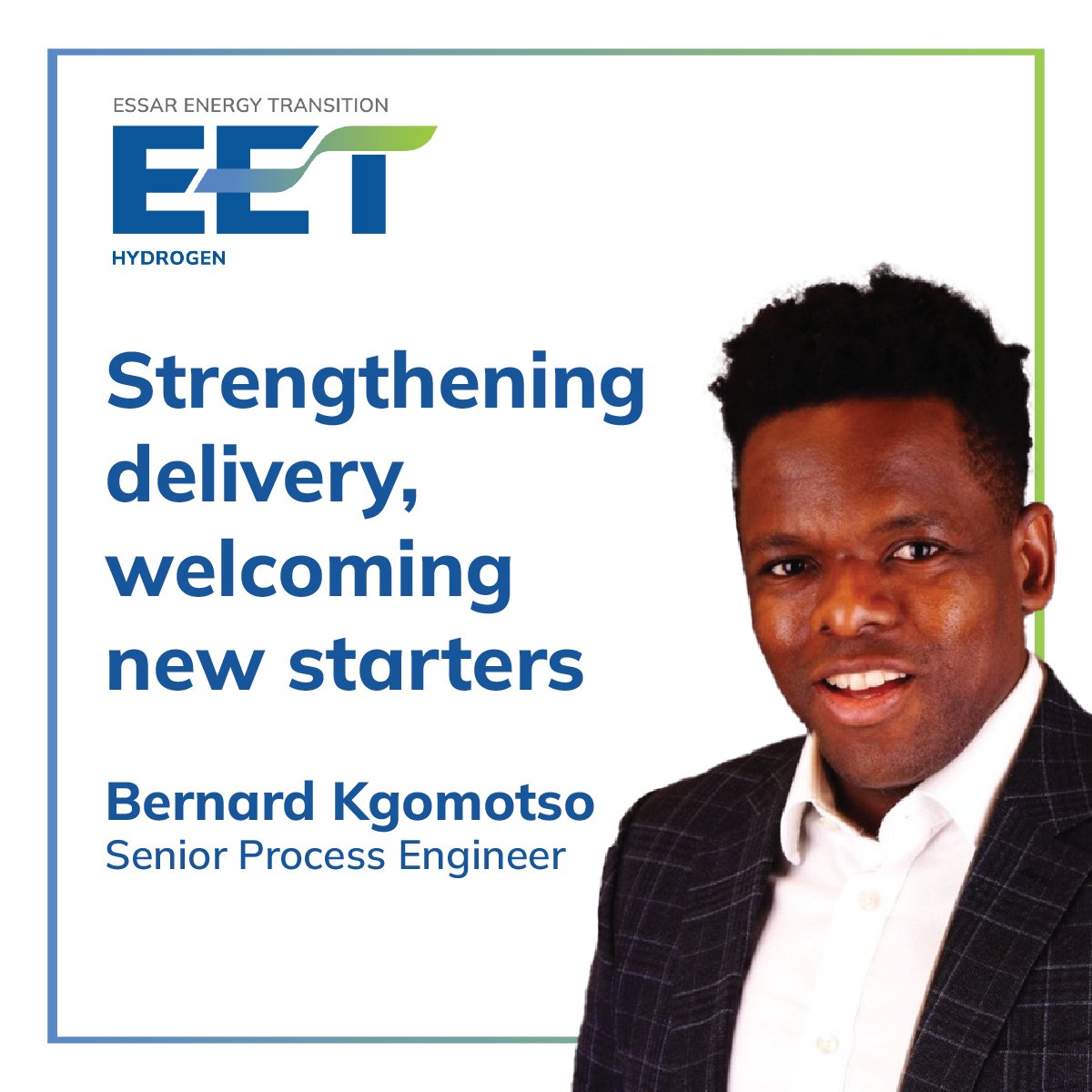 Meet Bernard Kgomotso.

As our Senior Process Engineer, Bernard Kgomotso brings critical expertise to project design and standards for hydrogen production.

Bernard is helping shape a technically robust and future-ready project.

#FromAmbitionToAction #EETHydrogen #Hydrogen
