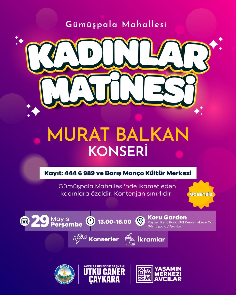 Kadınlar Matinesi 💃

Gümüşpala Mahallemizde ikamet eden komşularımızla buluşacağımız birbirinden eğlenceli etkinliklerin, konserlerin ve ikramların bulunduğu “Kadınlar Matinesi” programına sizleri bekliyoruz.😊