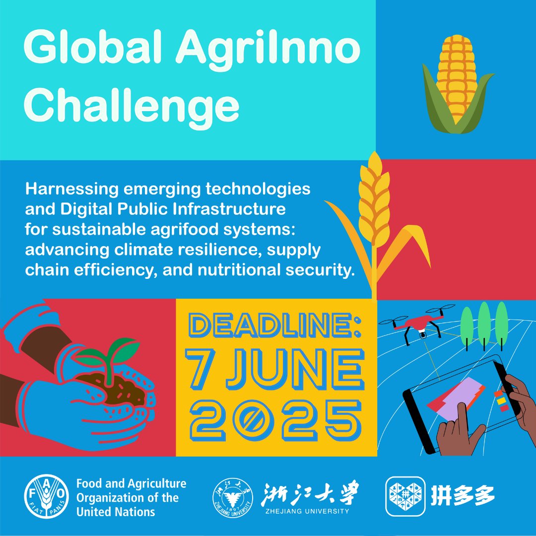 FAO Knowledge (@faoknowledge) on Twitter photo The Global AgriInno Challenge 2025 is officially OPEN!
Led by <a href="/FAO/">Food and Agriculture Organization</a>, <a href="/ZJU_China/">Zhejiang University</a> & <a href="/PinduoduoInc/">Pinduoduo</a>, we’re on the lookout for youth-led startups using emerging tech to transform our agrifood systems.
Apply here 👉 bit.ly/4muVAQh
#AgInnovation #AgriInnoChallenge The Global AgriInno Challenge 2025 is officially OPEN!
Led by <a href="/FAO/">Food and Agriculture Organization</a>, <a href="/ZJU_China/">Zhejiang University</a> & <a href="/PinduoduoInc/">Pinduoduo</a>, we’re on the lookout for youth-led startups using emerging tech to transform our agrifood systems.
Apply here 👉 bit.ly/4muVAQh
#AgInnovation #AgriInnoChallenge