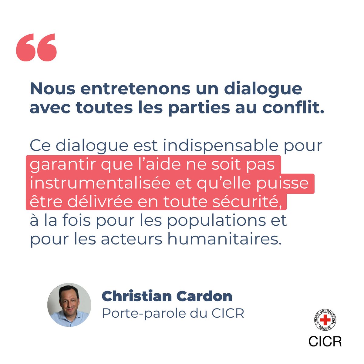 "Dès que l’aide humanitaire est perçue comme militarisée, cela crée un danger immense."

Sur <a href="/radioclassique/">Radio Classique</a>, Christian Cardon, porte-parole du CICR, rappelait que l'aide humanitaire ne doit être ni politisée, ni militarisée.