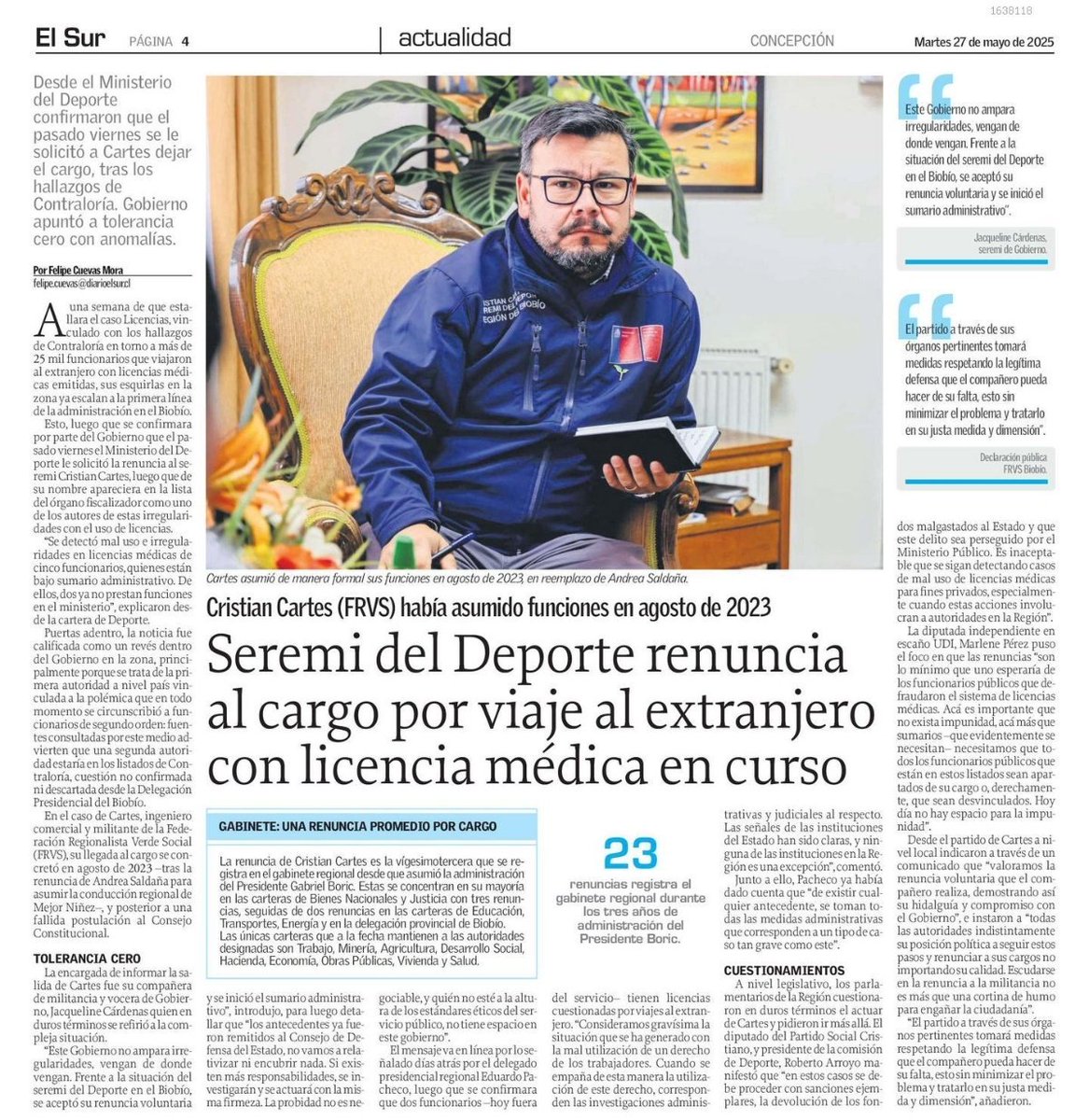 felipecuevas's tweet photo. En @elsurcl de hoy ahondamos en la renuncia del seremi del Deporte Cristian Cartes, luego que Contraloría informará qué viajó al extranjero mientras tenía licencia médica. Es la primera autoridad de Gobierno en renunciar por el #CasoLicencias https://t.co/UDHQDcEXat