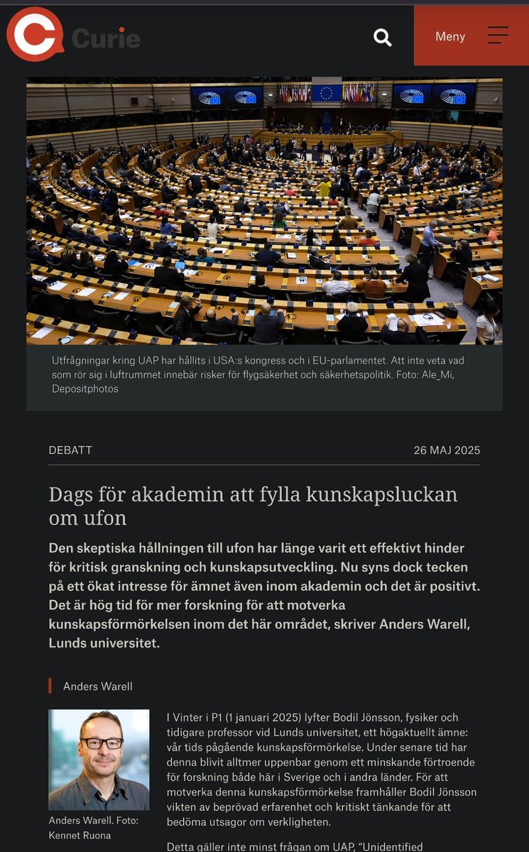 Frederik Uldall 🇩🇰 (@frederik_uldall) on Twitter photo Science and UFOs.
New article by Professor Anders Warell from Lund.
For those of us who read Swedish. 😊 Thanks for posting <a href="/DrBeaVillarroel/">Beatriz Villarroel</a>
tidningencurie.se/debatt/dags-fo…
#ufotwitter #ufoX #uapx #uaptwitter Science and UFOs.
New article by Professor Anders Warell from Lund.
For those of us who read Swedish. 😊 Thanks for posting <a href="/DrBeaVillarroel/">Beatriz Villarroel</a>
tidningencurie.se/debatt/dags-fo…
#ufotwitter #ufoX #uapx #uaptwitter