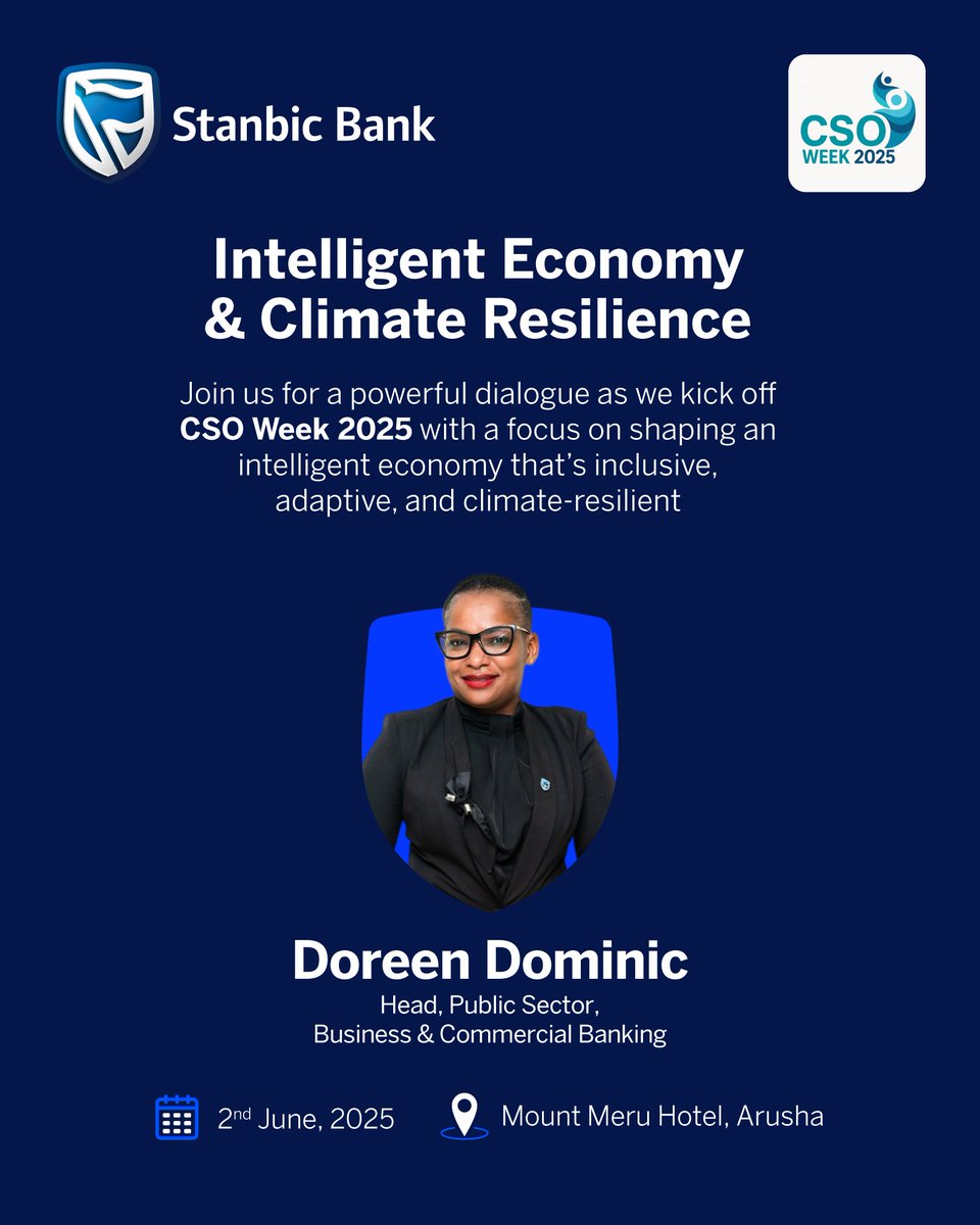 Get ready for an inspiring start to #CSOWeek2025!

We’ll be opening the week with a powerful dialogue on building an economy that’s inclusive, adaptive, and climate-resilient.

Catch Doreen Dominic, our Head of Public Sector, Business &amp; Commercial Banking at Stanbic Bank, as she