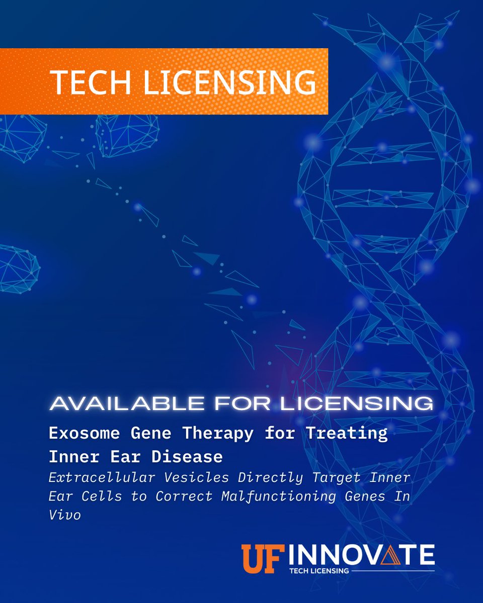 UF Innovate | Tech Licensing (@ufotl) on Twitter photo About one in three adults over 65 experience hearing loss. <a href="/UFPharmacy/">UF Pharmacy</a> researchers are tackling this with a targeted CRISPR gene therapy that uses exosomes to deliver treatment directly to the inner ear—offering a safer way to address genetic causes.
🔗: ufinnovate.technologypublisher.com/tech/Exosome_G… About one in three adults over 65 experience hearing loss. <a href="/UFPharmacy/">UF Pharmacy</a> researchers are tackling this with a targeted CRISPR gene therapy that uses exosomes to deliver treatment directly to the inner ear—offering a safer way to address genetic causes.
🔗: ufinnovate.technologypublisher.com/tech/Exosome_G…