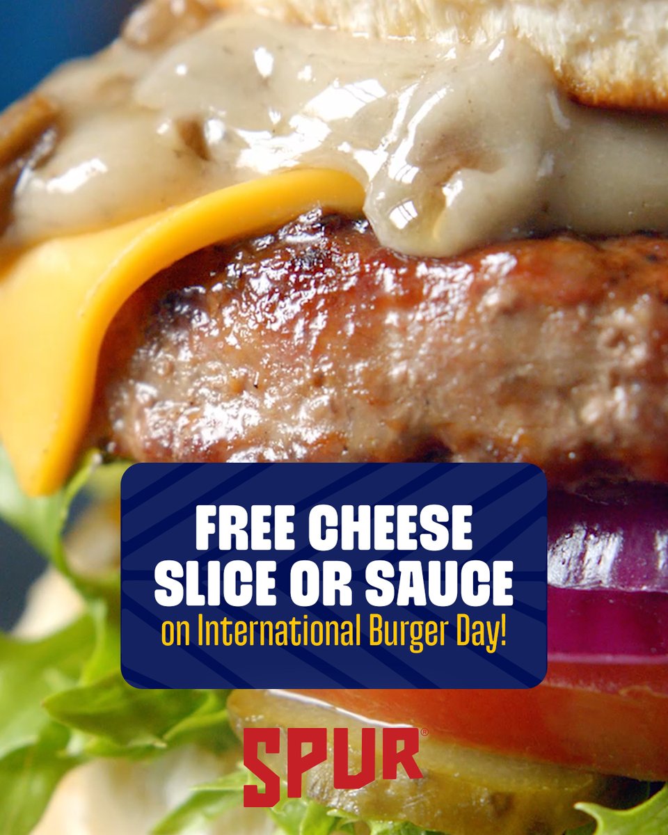 Order any OG Spur Burger (Original Spur Beef, Chicken or Soya) on #InternationalBurgerDay and we’ll throw in a FREE cheese slice or saucy upgrade. 𝗢𝗻𝗹𝘆 𝗼𝗻 𝗪𝗲𝗱𝗻𝗲𝘀𝗱𝗮𝘆, 𝟮𝟴 𝗠𝗮𝘆 | Sit-down only. #SpurMoments