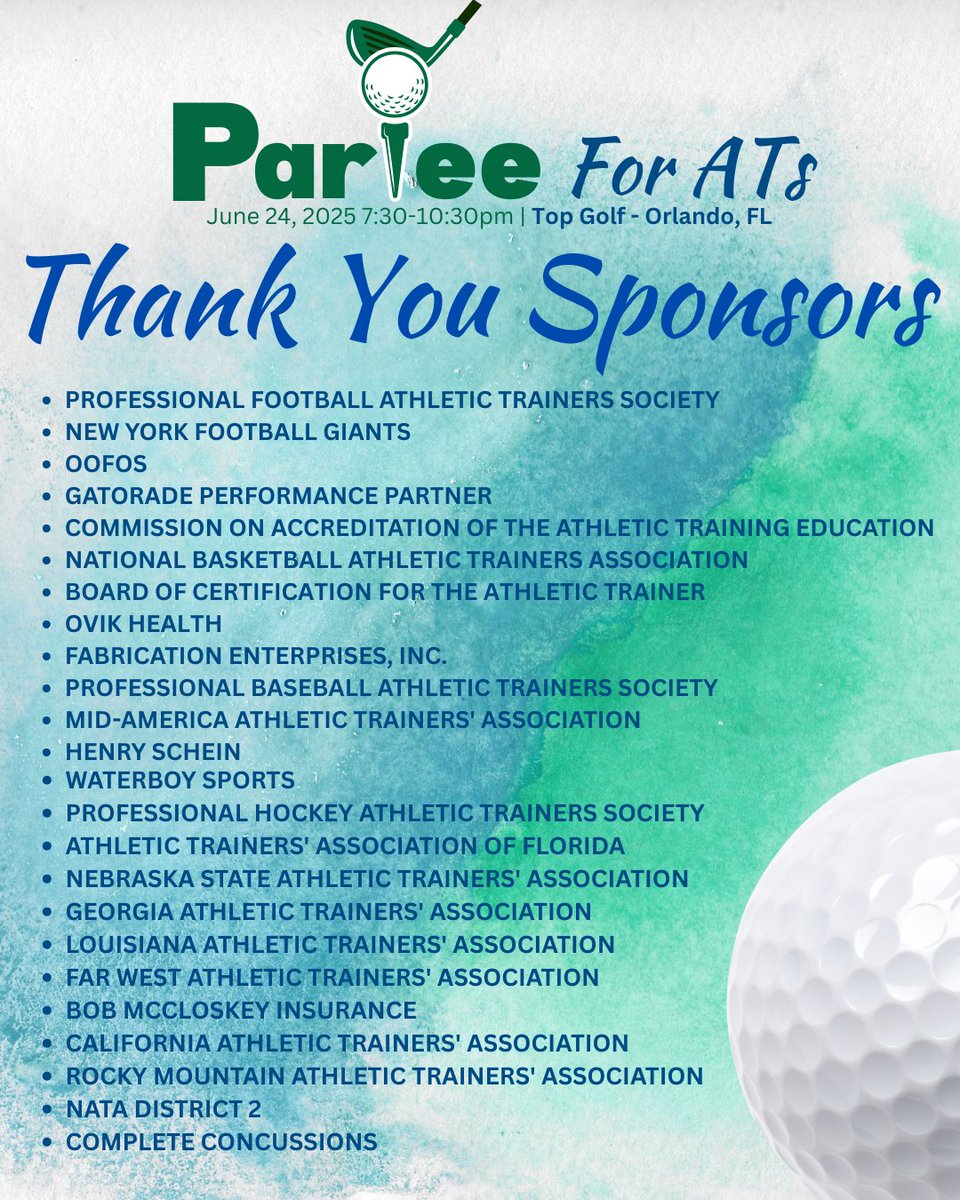 NATAFoundation's tweet photo. Huge THANK YOU to our amazing 2025 #ParTeeForATs sponsors! 🙌 Your support powers research, education, and fun at Topgolf—all for the future of athletic training. 🏌️♀️🎉
🔗 Learn more: https://t.co/Ywx8n6gqi6
https://t.co/Eml2wf8H51