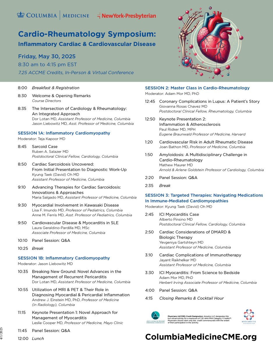 Andrew Einstein (@andreweinstein7) on Twitter photo Join us for our ‘#CardioRheumatology Symposium: Inflammatory Cardiac & #CardiovascularDisease' - a virtual and in-person program on Friday, May 30, 2025. 7.25 ACCME Credits. ColumbiaMedicineCME.org <a href="/ColumbiaMed/">Columbia Medicine</a> <a href="/CUIMCDeptofMed/">Columbia Department of Medicine</a> <a href="/ColumbiaCardio/">Columbia Cardiology Fellows</a>
To register: eventleaf.com/e/CardioRheuma… Join us for our ‘#CardioRheumatology Symposium: Inflammatory Cardiac & #CardiovascularDisease' - a virtual and in-person program on Friday, May 30, 2025. 7.25 ACCME Credits. ColumbiaMedicineCME.org <a href="/ColumbiaMed/">Columbia Medicine</a> <a href="/CUIMCDeptofMed/">Columbia Department of Medicine</a> <a href="/ColumbiaCardio/">Columbia Cardiology Fellows</a>
To register: eventleaf.com/e/CardioRheuma…