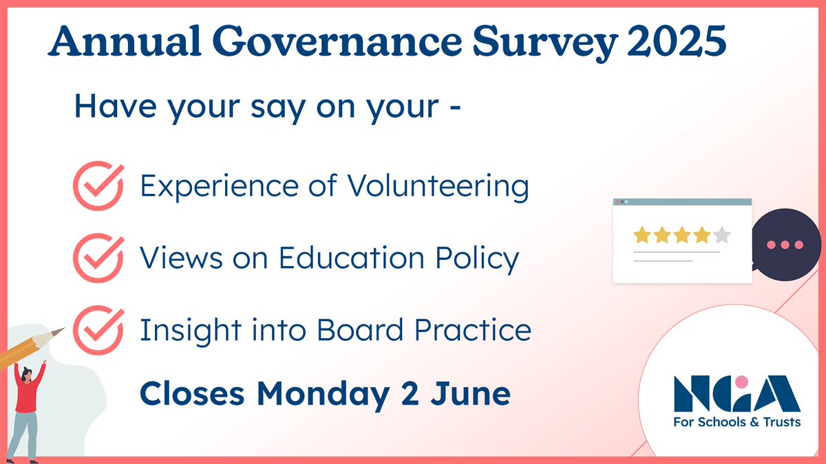 ⏳ Final call! NGA’s Annual Governance Survey 2025 closes Monday 2nd June.
Governors, trustees &amp; chairs – your insight shapes national policy, guidance &amp; support.

🕒 15 mins.
✅ Open to all.
🗣️ Make your voice count.
👉smartsurvey.co.uk/s/ngasocials/
