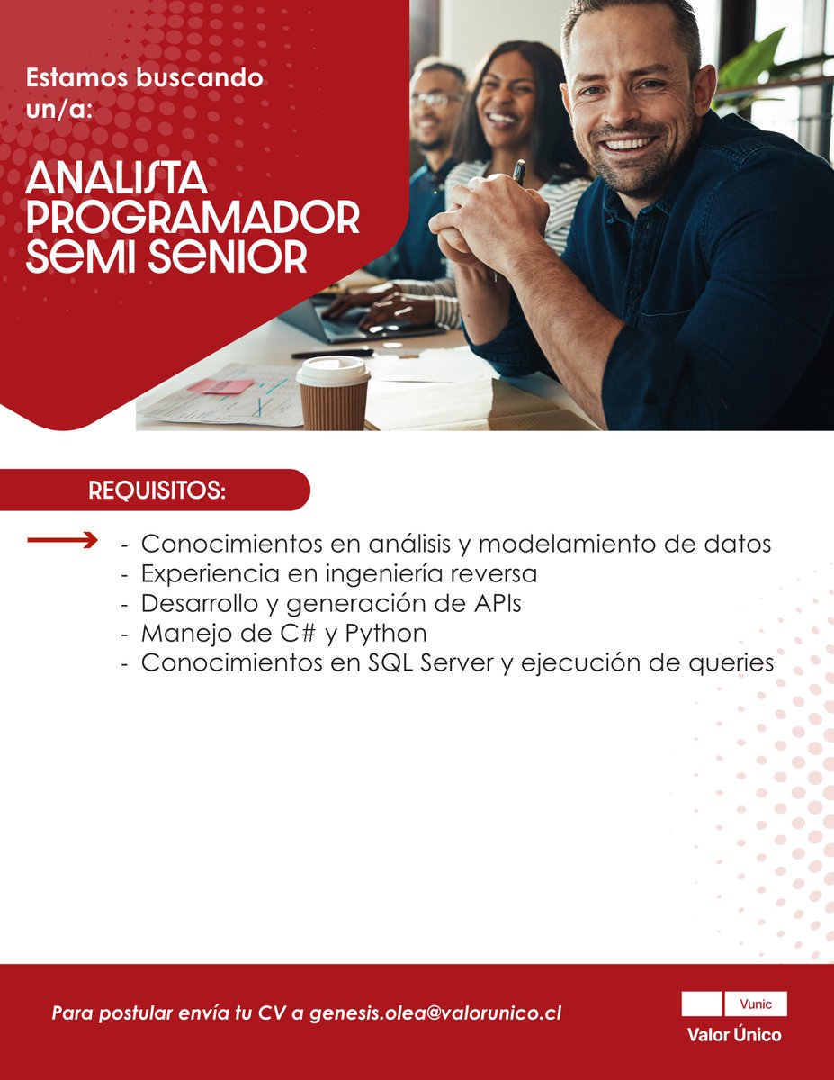 valor_unico's tweet image. 💻 ¡Buscamos Analista Programador Semi Senior!
📧Envía tu CV con pretensiones de renta y disponibilidad a: genesis.olea@valorunico.cl
#AnalistaProgramador #CSharp #Python #SQLServer #TrabajoPresencial #Pudahuel #LasCondes #DesarrolloDeSoftware