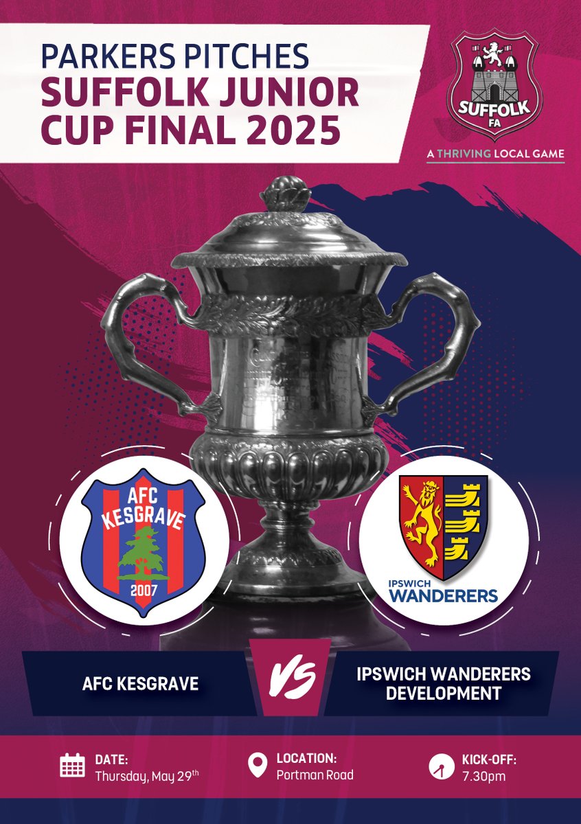 Suffolk Football Association (@suffolkfa) on Twitter photo It's the <a href="/ParkersPitches/">Parkers Pitches Ltd</a> Suffolk Junior Cup Final between <a href="/officialafckes1/">AFC Kesgrave</a> and <a href="/IWFC_Develop/">Ipswich Wanderers Development Sides</a> at <a href="/IpswichTown/">Ipswich Town</a> FC tonight, kick-off 7.30pm.
π¨ SPECTATOR INFORMATION π¨
ποΈTickets: Card only on the gate
βGates open 6.45pm
πProgramme: tinyurl.com/5b96rmxv
π«No pyrotechnics It's the <a href="/ParkersPitches/">Parkers Pitches Ltd</a> Suffolk Junior Cup Final between <a href="/officialafckes1/">AFC Kesgrave</a> and <a href="/IWFC_Develop/">Ipswich Wanderers Development Sides</a> at <a href="/IpswichTown/">Ipswich Town</a> FC tonight, kick-off 7.30pm.
π¨ SPECTATOR INFORMATION π¨
ποΈTickets: Card only on the gate
βGates open 6.45pm
πProgramme: tinyurl.com/5b96rmxv
π«No pyrotechnics