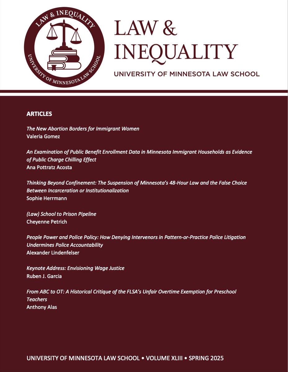 JLI is pleased to announce the publication of Volume 43, Issue 2. This issue contains articles discussing pressing issues such as abortion access, criminal justice reform, and labor rights. 

lawandinequality.org