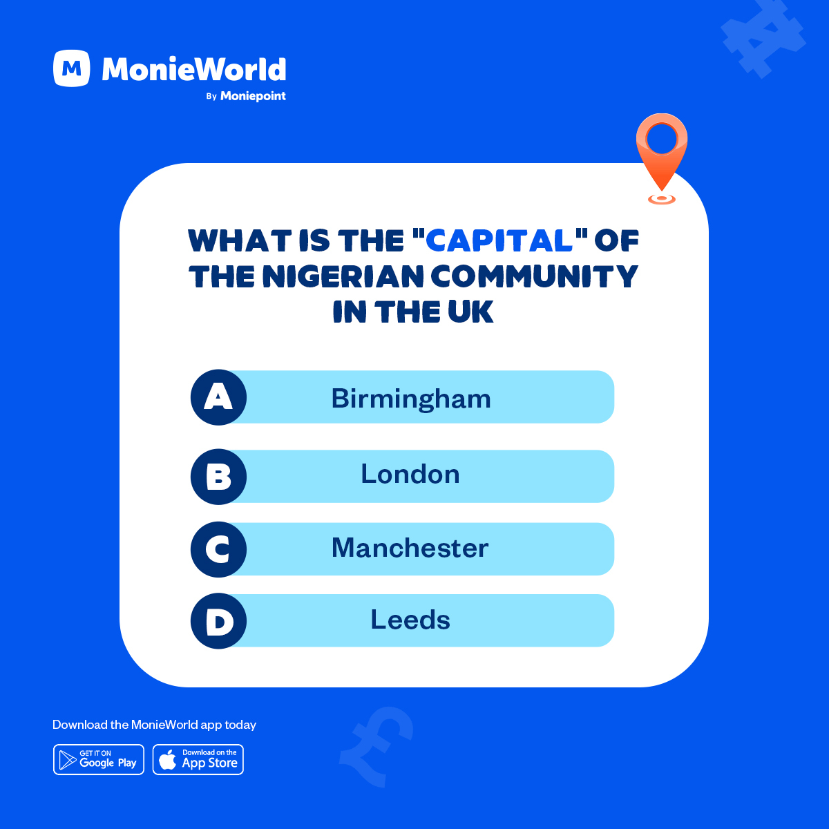 MonieWorld by Moniepoint (@monieworldapp) on Twitter photo Let's have fun with this one? Let's see which city we all agree on π€©
Yet to download the MonieWorld app? Click the link below to get started today!
cutt.ly/Lrj0ydpD
#TriviaTuesday #MonieWorld Let's have fun with this one? Let's see which city we all agree on π€©
Yet to download the MonieWorld app? Click the link below to get started today!
cutt.ly/Lrj0ydpD
#TriviaTuesday #MonieWorld