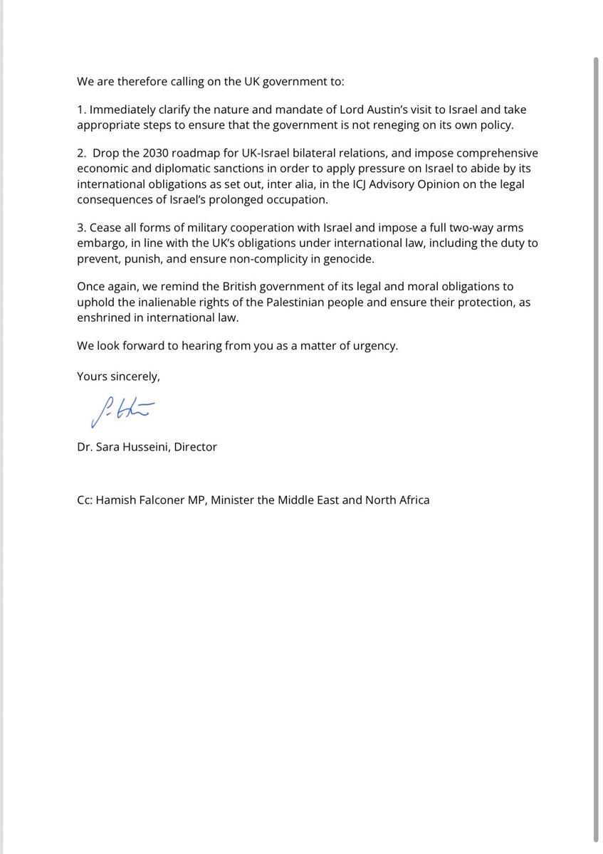 British Palestinian Committee (@britpalcommitt) on Twitter photo Today we wrote to <a href="/DavidLammy/">David Lammy</a> <a href="/FCDOGovUK/">Foreign, Commonwealth & Development Office</a> asking for urgent clarity - why is the UK Trade Envoy for Israel meeting Israeli officials to promote trade following last weekās announcement?
We outlined further immediate steps the govt should take to end its participation in Israeli Today we wrote to <a href="/DavidLammy/">David Lammy</a> <a href="/FCDOGovUK/">Foreign, Commonwealth & Development Office</a> asking for urgent clarity - why is the UK Trade Envoy for Israel meeting Israeli officials to promote trade following last weekās announcement?
We outlined further immediate steps the govt should take to end its participation in Israeli