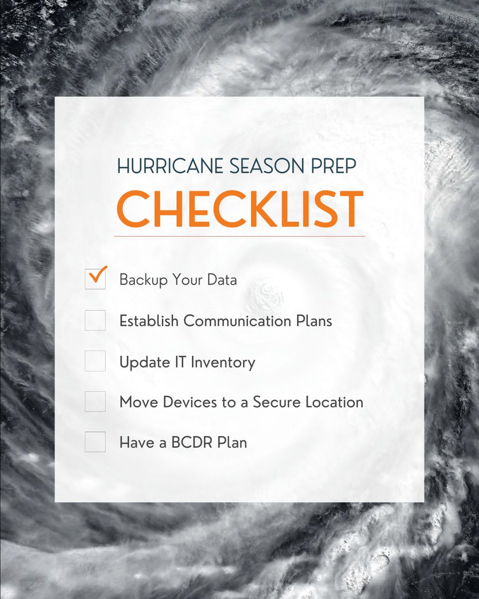 🚨 Attention Business Owners 🚨
  
Hurricane season is almost here, and preparation is key to protecting your business and precious data.

Here’s a quick checklist to help you get started: 
 
1️⃣ Backup Your Data - Follow the 3-2-1 Rule (3 copies, 2 locations, 1 off-site). 
 
2️⃣