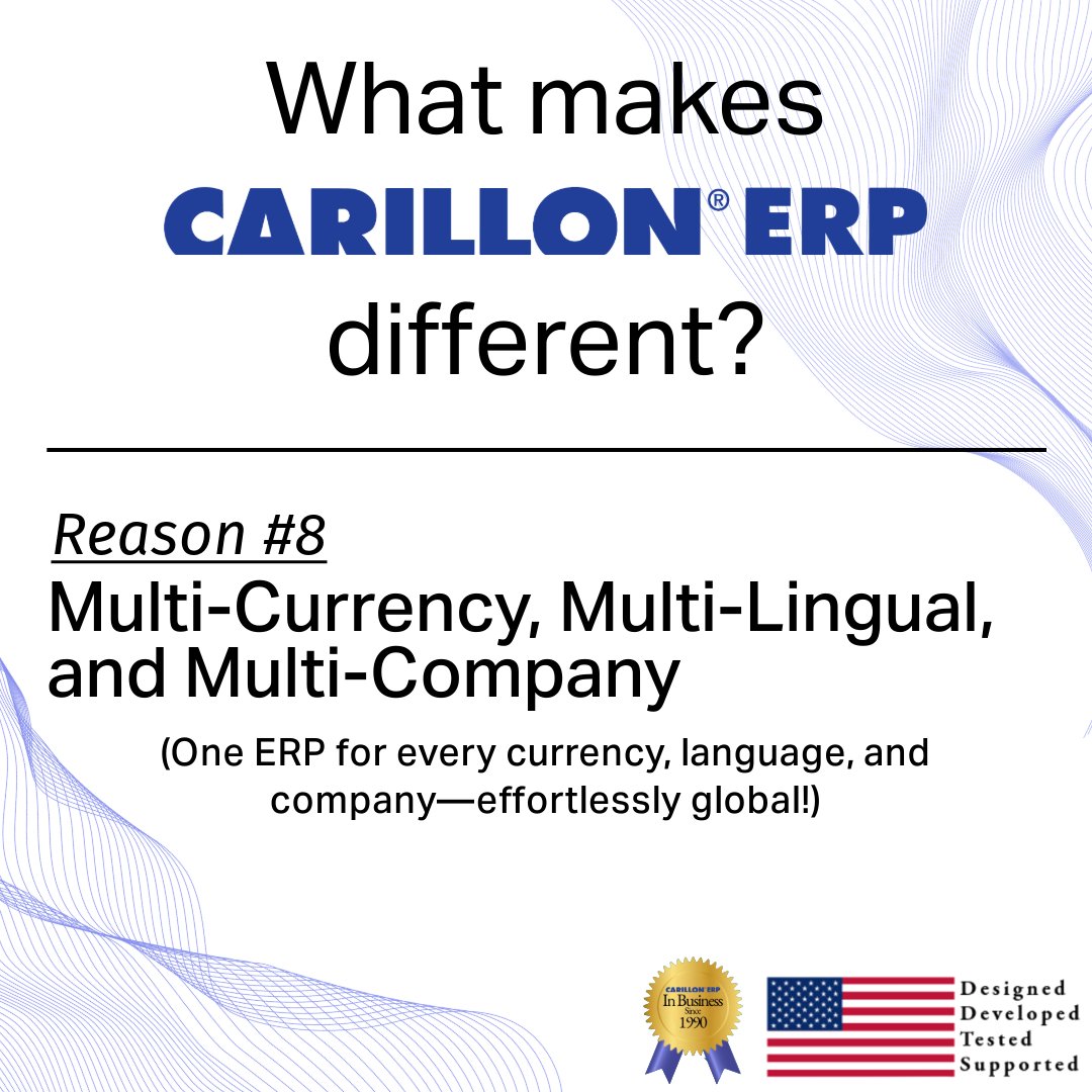 Go global with ease! 🌍 Carillon ERP supports multi-currency, multi-lingual, and multi-company operations—one system, endless possibilities. 💼✨ 
Learn more today!!
Call Isabella at 972-454-4573
ow.ly/t2mr50Ug3PM
#GlobalBusiness #ERPInnovation #CarillonERP