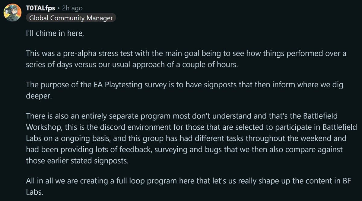 DICE is aware that last weekend's #BattlefieldLabs survey was "very generic" as the purpose of this test was to stress server performance, versus provide feedback.

"The purpose of the EA Playtesting survey is to have signposts that then inform where we dig deeper", says GCM