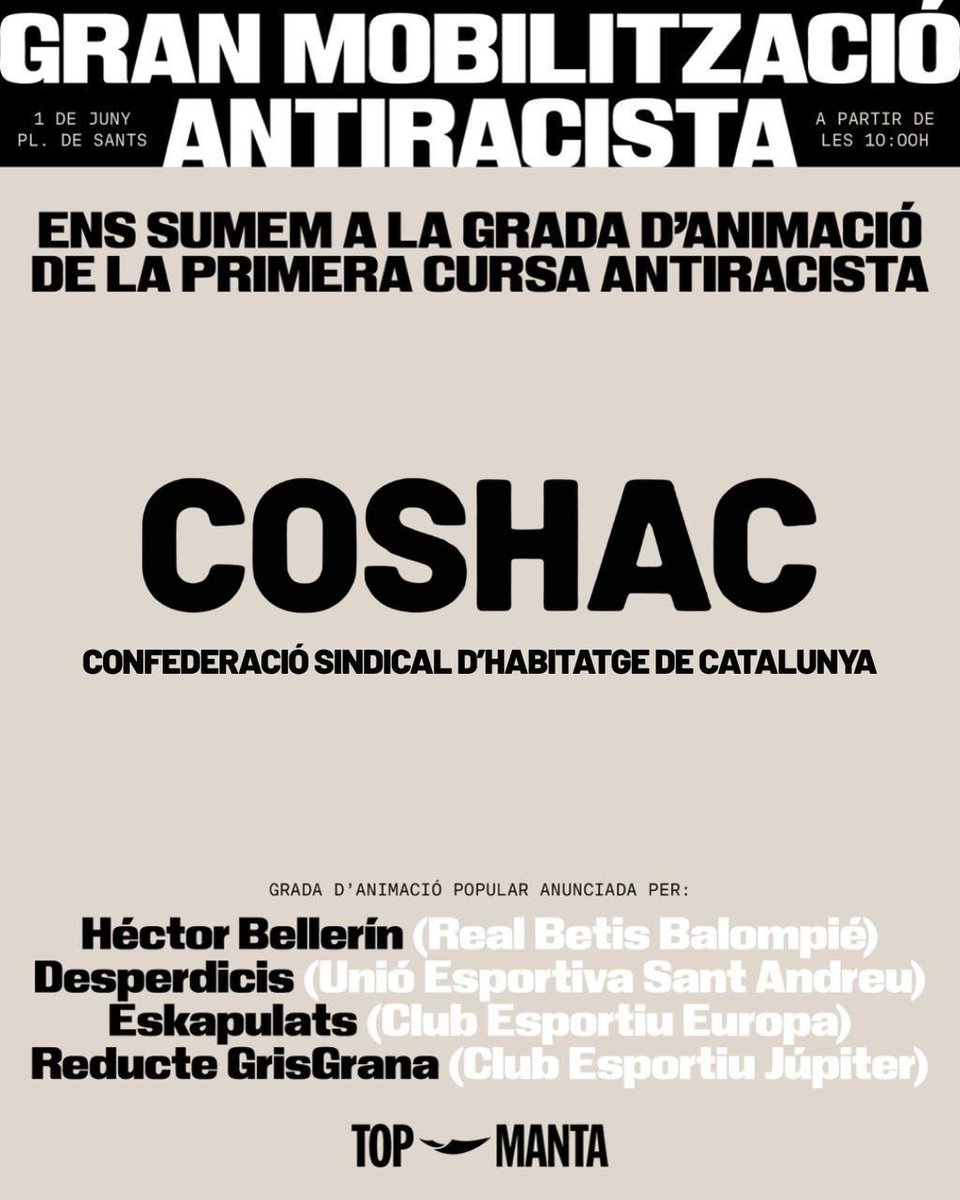 II Congrés d'Habitatge de Catalunya (@congreshabcat) on Twitter photo ⚫️Des de Confederació Sindical d'Habitatge de Catalunya ens sumem al manifest de suport a la I Cursa Antiracista de Barcelona organitzada per <a href="/sindicatomanter/">✳️ Sindicat Manter BCN</a>.
📣Us convoquem a totes a assistir a la grada d’animació de la cursa l’1 de juny a les 10h a Plaça de Sants! ⚫️Des de Confederació Sindical d'Habitatge de Catalunya ens sumem al manifest de suport a la I Cursa Antiracista de Barcelona organitzada per <a href="/sindicatomanter/">✳️ Sindicat Manter BCN</a>.
📣Us convoquem a totes a assistir a la grada d’animació de la cursa l’1 de juny a les 10h a Plaça de Sants!