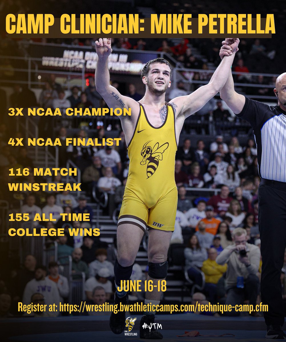 Clinician Spotlight: Mike Petrella 
💥3X National Champ
💥4X National Finalist
💥155 Wins
💥116 Match Win Streak
Learn from Mike June 16-18
Register at: 
wrestling.bwathleticcamps.com
#JTM