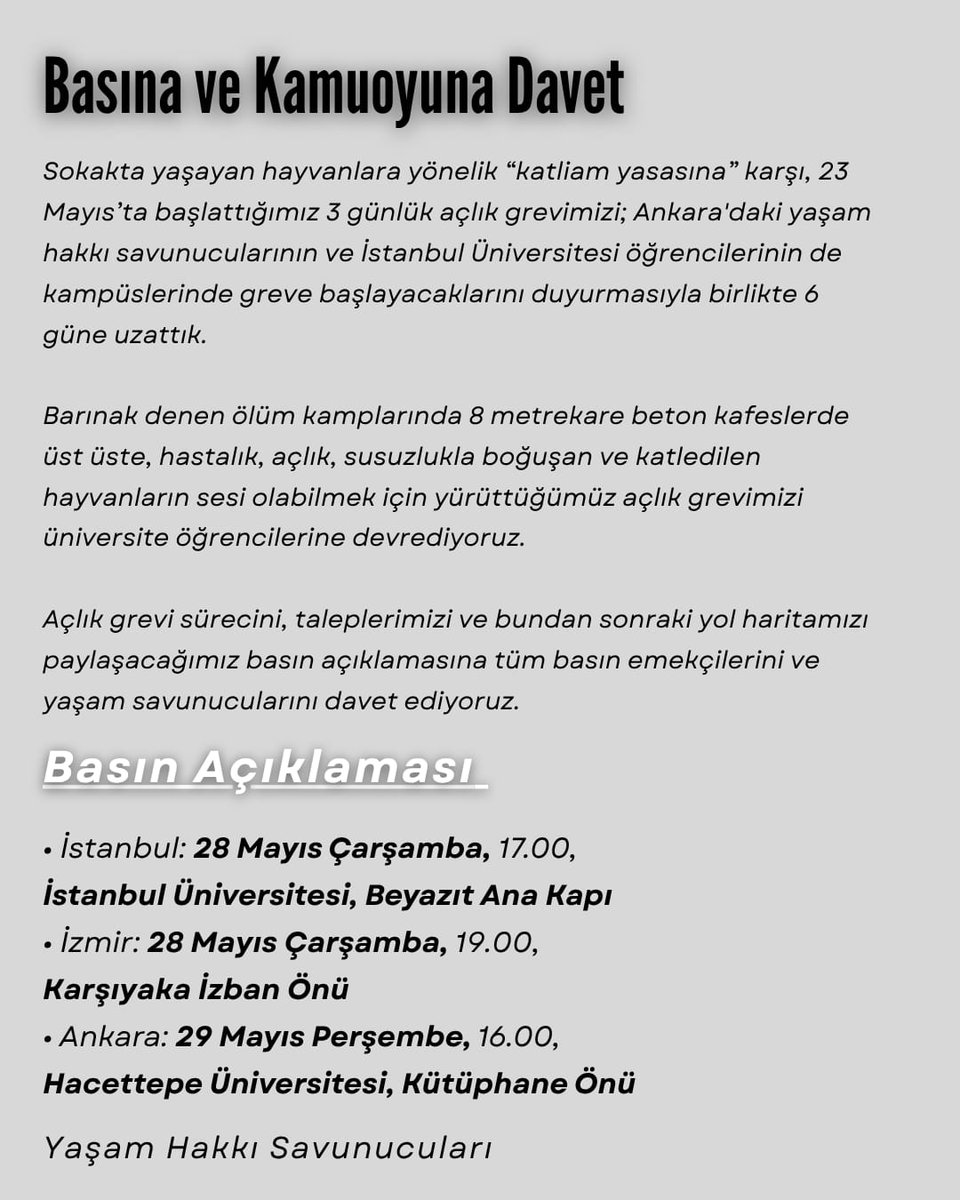 “AKP emrediyor, CHP uyguluyor; halk direniyor” diyerek yükselttiğimiz bu itiraz, yalnızca hayvanların değil, yaşamın, adaletin ve vicdanın da savunusudur.

Basın emekçilerini ve kamuoyunu, süreci paylaşacağımız basın açıklamalarına ve bu haklı mücadeleye destek olmaya çağırıyoruz