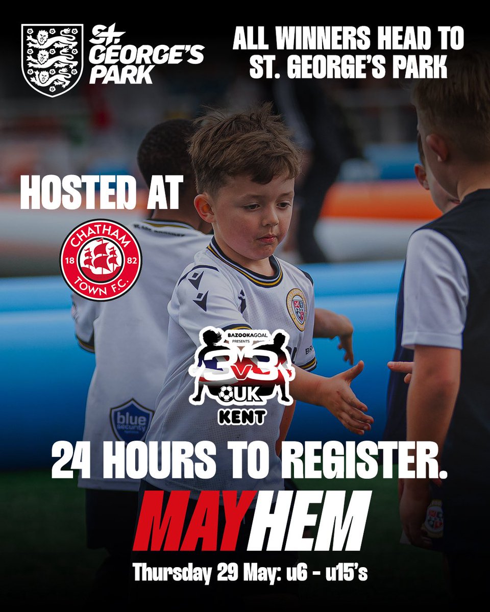 3v3UK Kent (@3v3ukkent) on Twitter photo 24 HOURS LEFT TO REGISTER! โณ
Our cut-off for Tournament entry is Wednesday 28th May, 4pm.
All winners compete at St. Georgeโs Park, the home of <a href="/EnglandFootball/">England Football</a>! ๐ฆ
Sign up for MAYHEM now! โฝ๏ธ
REGISTER ๐ form.jotform.com/251056765509361 24 HOURS LEFT TO REGISTER! โณ
Our cut-off for Tournament entry is Wednesday 28th May, 4pm.
All winners compete at St. Georgeโs Park, the home of <a href="/EnglandFootball/">England Football</a>! ๐ฆ
Sign up for MAYHEM now! โฝ๏ธ
REGISTER ๐ form.jotform.com/251056765509361