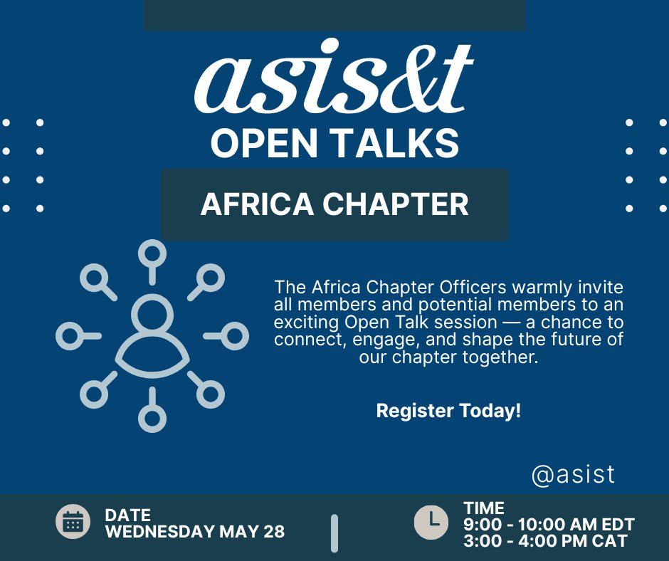 Join the Africa Chapter for an exciting Open Talk session!
🔹 Meet our new leadership
🔹 Explore our 2025 Action Plan
🔹 Share your ideas via our member survey
Let’s shape the future—together.
🗓️ Register now: www2.asist.org/ap/Events/Regi…