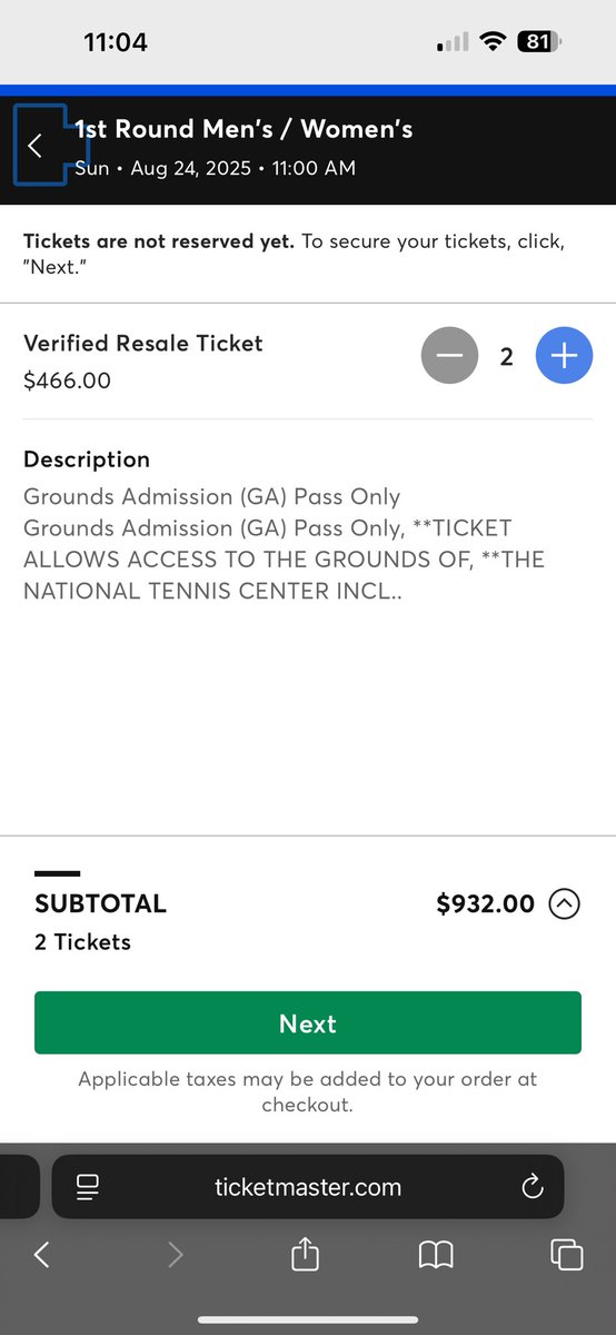 Just saw <a href="/usopen/">US Open Tennis</a> grounds passes going for $466 during AMEX presale.
Not a box. Not a seat. Just permission to stand on the side of the courts.
The economy is cooked.