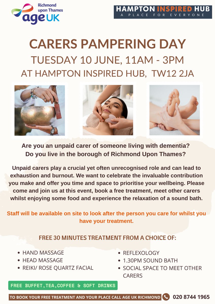 Friends of TMH 💙 (@lof_tmh) on Twitter photo Are you an unpaid carer of someone living with dementia in the Richmond borough? You're invited to <a href="/AgeUKRichmond/">Age UK Richmond upon Thames</a> Carers Pampering Day on Tuesday, 10th June, at Hampton Inspired Hub. To book your treatment, please call 020 8744 1965. Are you an unpaid carer of someone living with dementia in the Richmond borough? You're invited to <a href="/AgeUKRichmond/">Age UK Richmond upon Thames</a> Carers Pampering Day on Tuesday, 10th June, at Hampton Inspired Hub. To book your treatment, please call 020 8744 1965.