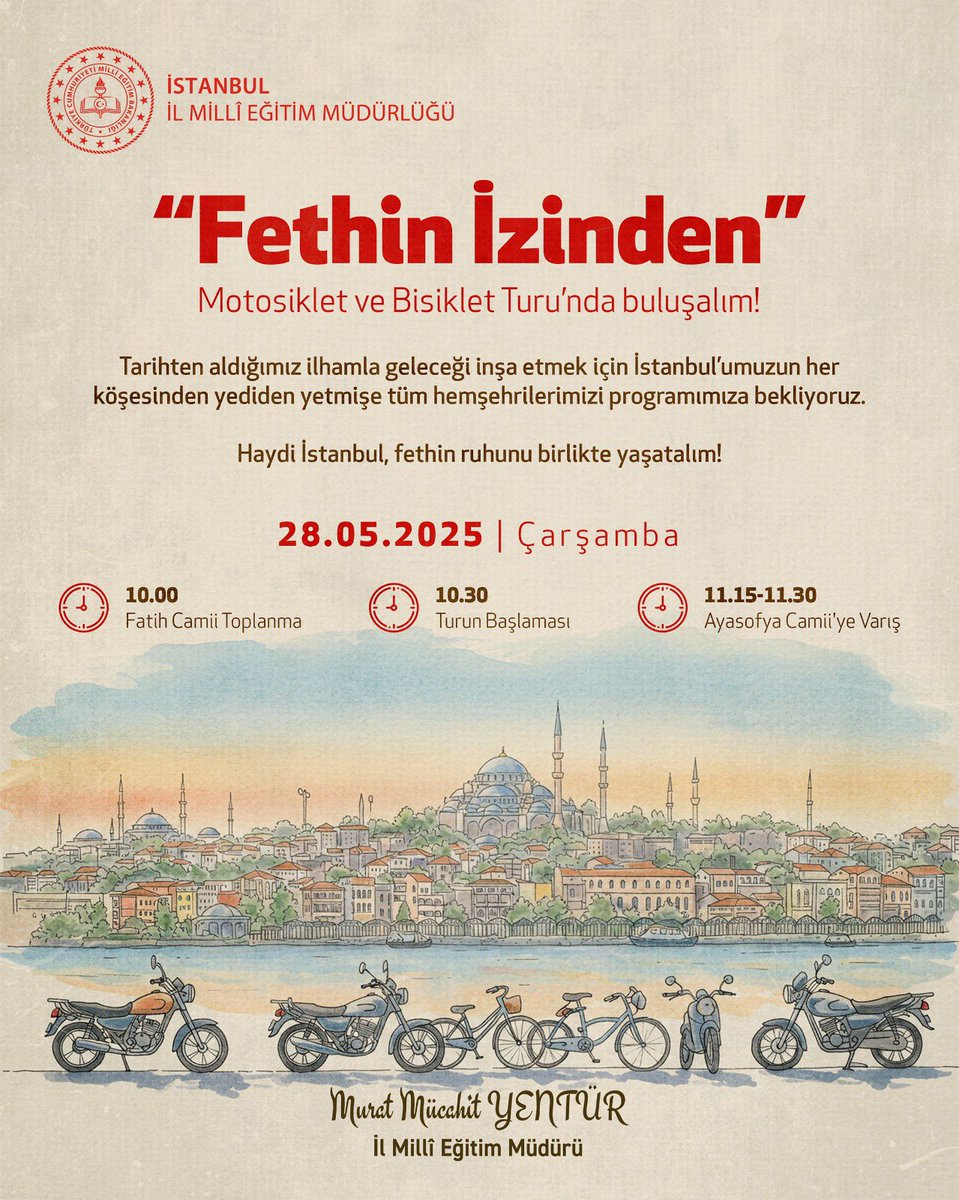 29 Mayıs’ta fethin 572. yıl dönümünde bir araya geliyoruz.

Tarihten aldığımız ilhamla geleceği inşa etmek için, İstanbul’umuzun her köşesinden yediden yetmişe tüm hemşehrilerimizi "Fethin İzinden Motosiklet ve Bisiklet Turu" programımıza bekliyoruz.

Haydi İstanbul, fethin