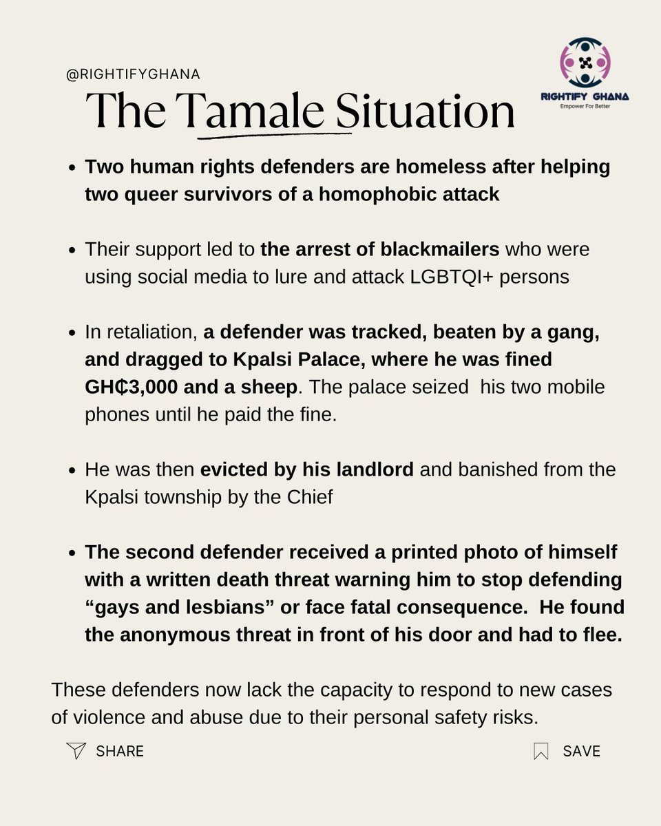 RightifyGhana's tweet photo. Human rights defenders supporting LGBTQI+ communities in Tamale and Wa are under severe threat. From physical attacks, eviction, and death threats to media-led defamation and economic sabotage, these defenders are being punished for standing up against hate.

In Tamale, two... https://t.co/zWwKhGpZnk