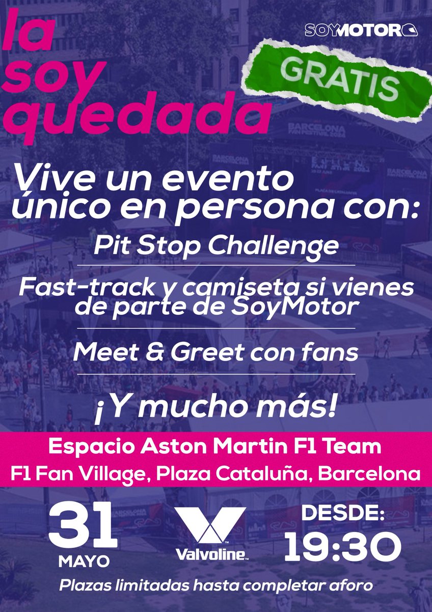 🤩 ¡La SoyQuedada llega a Barcelona! Vive un evento único para el #SpanishGP con Pit Stop Challenge, meet &amp; greet… y ¡mucho más!

🔗 Apúntate GRATIS: forms.gle/YrN8ouTix2APNi…

🙌 ¡Nos vemos el 31 de mayo!

#laSoyQuedada #SpanishGP