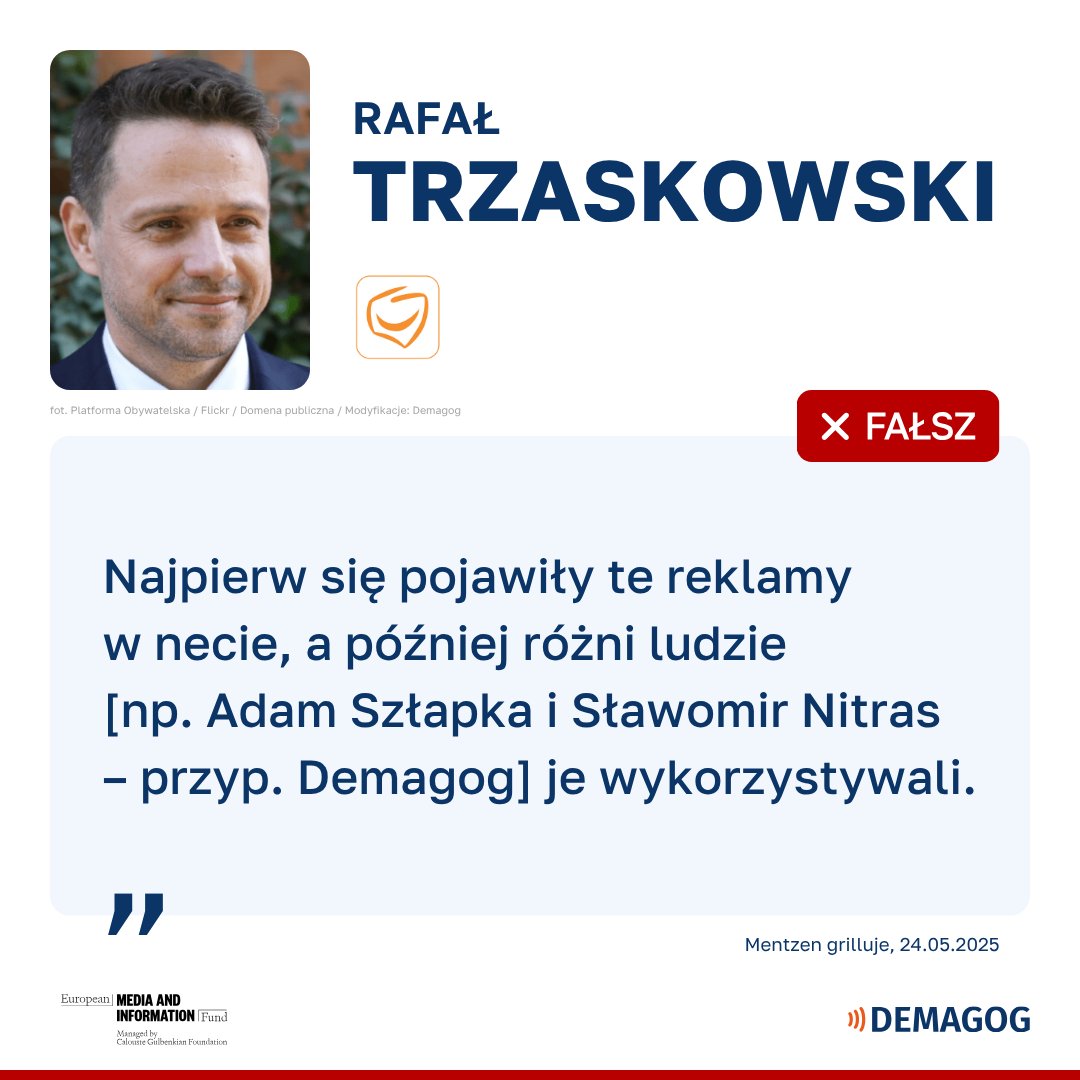 🔎 DEMAGOG (@demagogpl) on Twitter photo ❗ Przed pierwszą turą wyborów dwa profile: Wiesz jak nie jest oraz Stół Dorosłych, przeznaczyły prawie 0,5 mln zł na reklamy na Facebooku i Instagramie, które zachęcały do głosowania na <a href="/trzaskowski_/">Rafał Trzaskowski</a> oraz krytykowały <a href="/NawrockiKn/">Karol Nawrocki</a> i <a href="/SlawomirMentzen/">Sławomir Mentzen</a>.
📆 W dniach 6–14 maja profil ❗ Przed pierwszą turą wyborów dwa profile: Wiesz jak nie jest oraz Stół Dorosłych, przeznaczyły prawie 0,5 mln zł na reklamy na Facebooku i Instagramie, które zachęcały do głosowania na <a href="/trzaskowski_/">Rafał Trzaskowski</a> oraz krytykowały <a href="/NawrockiKn/">Karol Nawrocki</a> i <a href="/SlawomirMentzen/">Sławomir Mentzen</a>.
📆 W dniach 6–14 maja profil