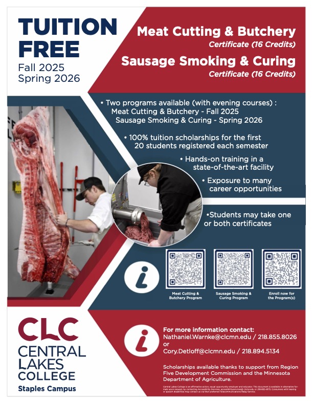 We are offering FREE tuition for these two certificates, thanks to support from our partners @region5mn and @mnagriculture! 🥩🍖

These free tuition scholarships are available for the first 20 students registered each semester (Fall 2025 and Spring 2026).

#meatcutting #butchery