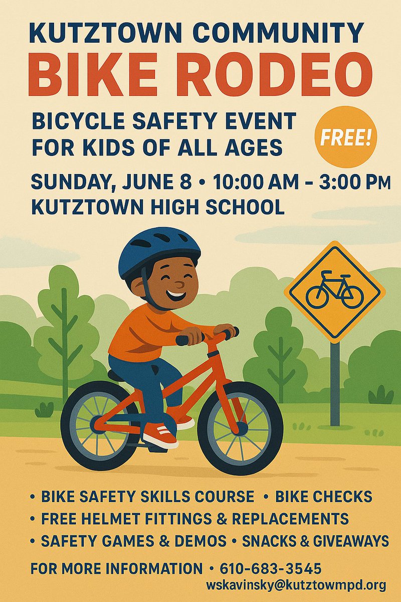 KutztownPD's tweet photo. 🚴‍♂️ Join us for the Kutztown Community Bike Rodeo!
📅 Sunday, June 8
🕙 10 AM – 3 PM
📍 Kutztown High School
✅ Free helmets, bike checks, safety course &amp; more!
Great fun for kids of all ages!
#BikeSafety #CommunityEvent #Kutztown #FreeHelmets #FamilyFun https://t.co/uXlEiiEf3M