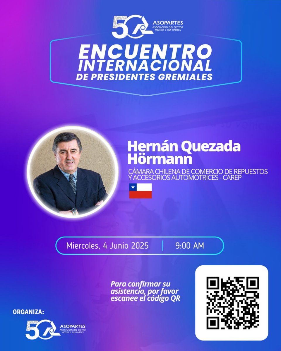 🌎 Este 4 de junio llega a Bogotá el Encuentro Internacional de Presidentes Gremiales en el marco de #EXPOPARTES2025.
🔧 Líderes de 🇺🇸 🇲🇽 🇨🇱 y LATAM debaten el futuro del sector motriz.
🎟️ Cupo limitado – regístrate: forms.gle/UPMEu36kzAvPgN…

#IndustriaMotriz #HacemosLatirElMotor