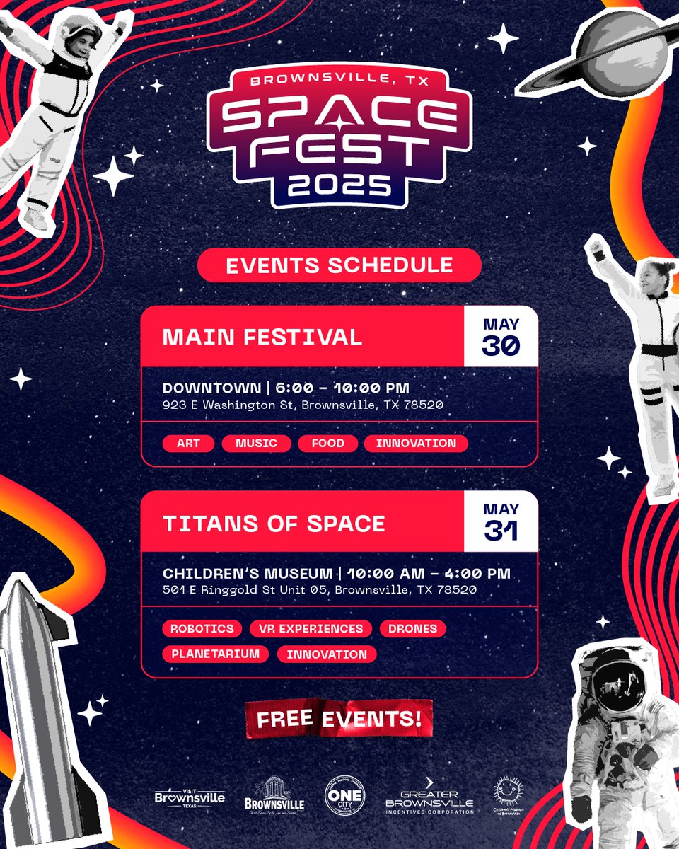 South Texas Space Science Institute (@stxspacescience) on Twitter photo Taking place THIS Friday in Downtown Brownsville from 6-10 pm. Immerse yourself in a night full of creativity, music, food and space fun at SPACE FEST! 🚀Get in on all of the excitement, we'll see you there! 🧑🚀🪐
Image by <a href="/VisitBTX/">Visit Brownsville</a> 📸 Taking place THIS Friday in Downtown Brownsville from 6-10 pm. Immerse yourself in a night full of creativity, music, food and space fun at SPACE FEST! 🚀Get in on all of the excitement, we'll see you there! 🧑🚀🪐
Image by <a href="/VisitBTX/">Visit Brownsville</a> 📸