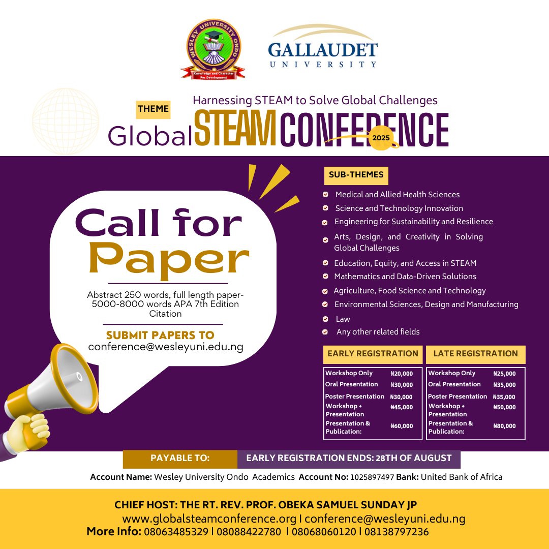 The Green Institute (@thegreenhq) on Twitter photo Submit to the Global STEAM Conference 2025 and publish your work open-access for the world to see!
Conference: Sept 23–25
Send your abstract to: conference@wesleyuni.edu.ng
#HybridConference
<a href="/OAUniversity/">Obafemi Awolowo University</a> <a href="/INSIDE_AKSU/">Akwa-Ibom State University</a> Submit to the Global STEAM Conference 2025 and publish your work open-access for the world to see!
Conference: Sept 23–25
Send your abstract to: conference@wesleyuni.edu.ng
#HybridConference
<a href="/OAUniversity/">Obafemi Awolowo University</a> <a href="/INSIDE_AKSU/">Akwa-Ibom State University</a>