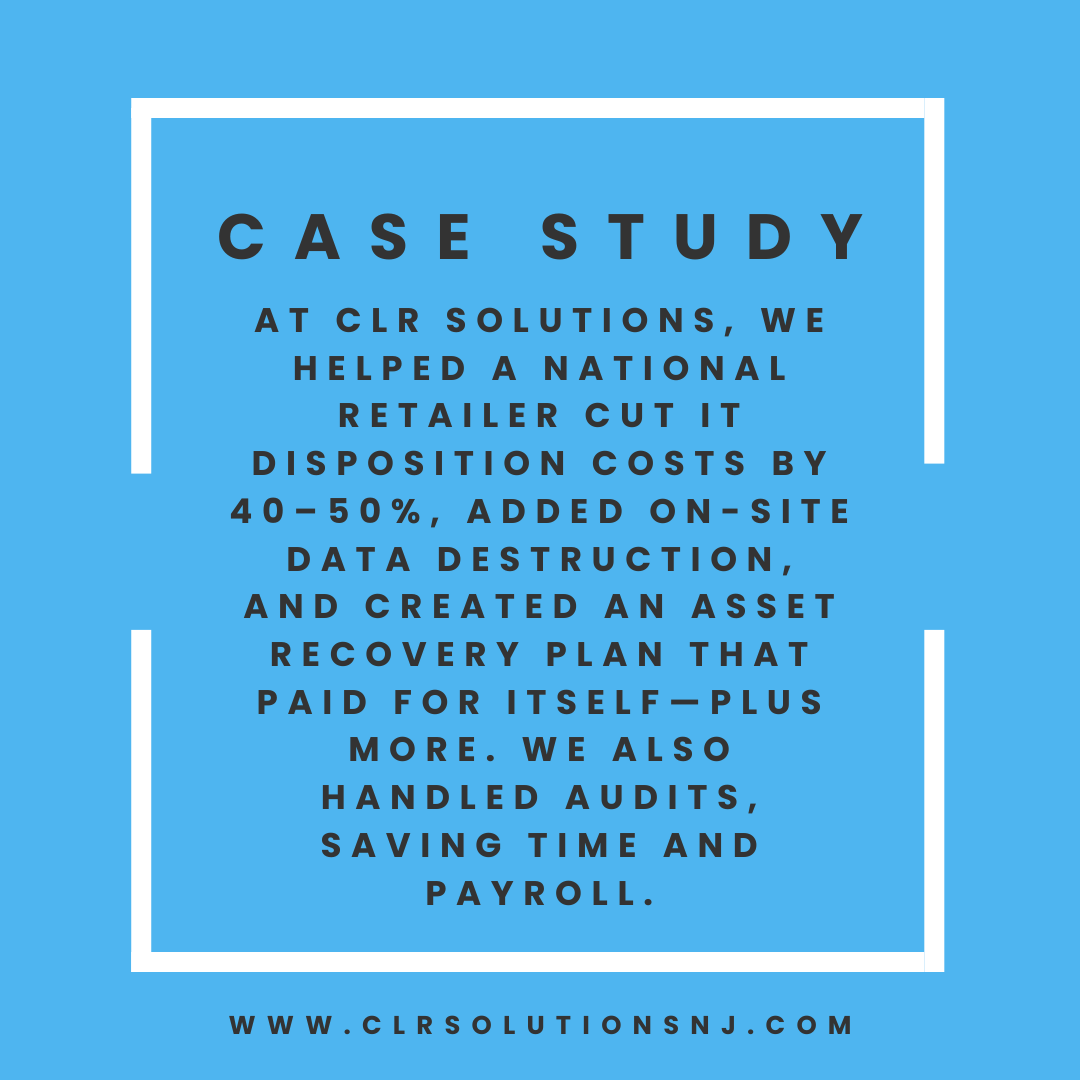 clrsolutionsllc's tweet image. At CLR Solutions, we helped a national retailer cut IT disposition costs by 40–50%, added on-site data destruction, and created an asset recovery plan that paid for itself—plus more. We also handled audits, saving time and payroll. 
#itad #techaudit #happycustomers